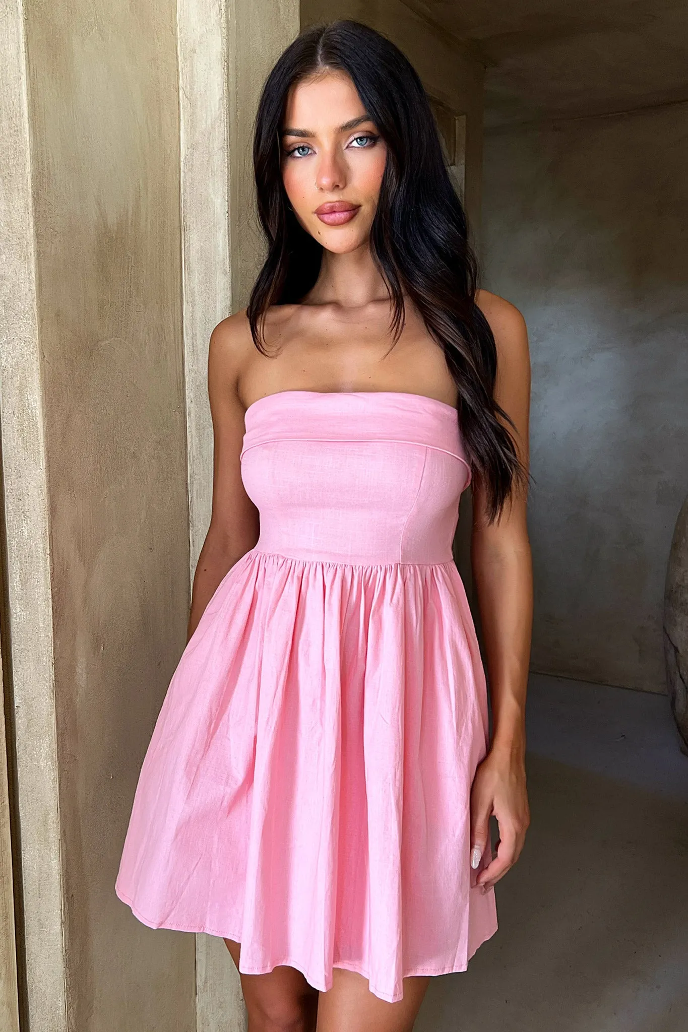 Cornell Mini Dress - Baby Pink Lace trim
