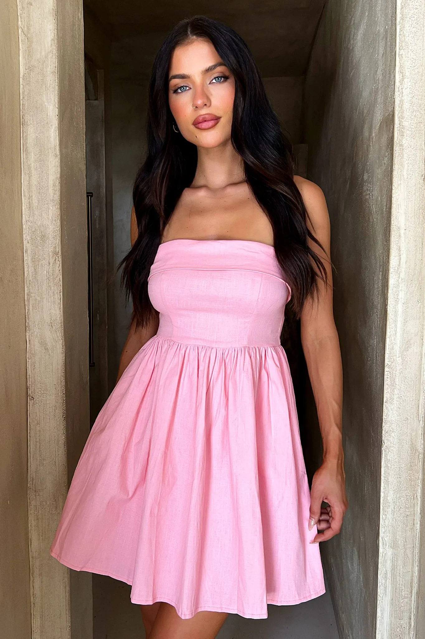 Cornell Mini Dress - Baby Pink Lace trim