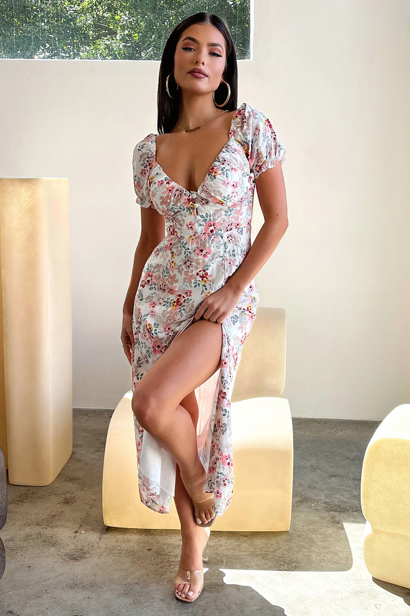 Solem Midi Dress - White / Pink Floral Elegant semi-formal gown Easy Elegance