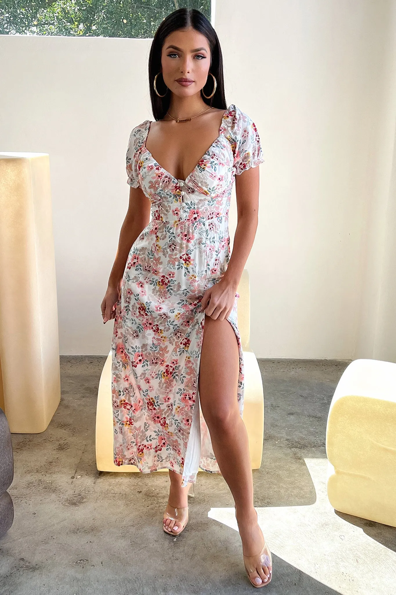 Corset Back Solem Midi Dress - White / Pink Floral