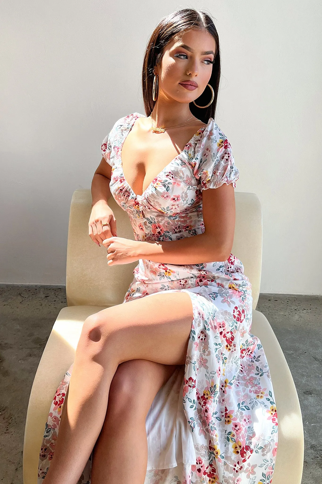 Corset Back Solem Midi Dress - White / Pink Floral