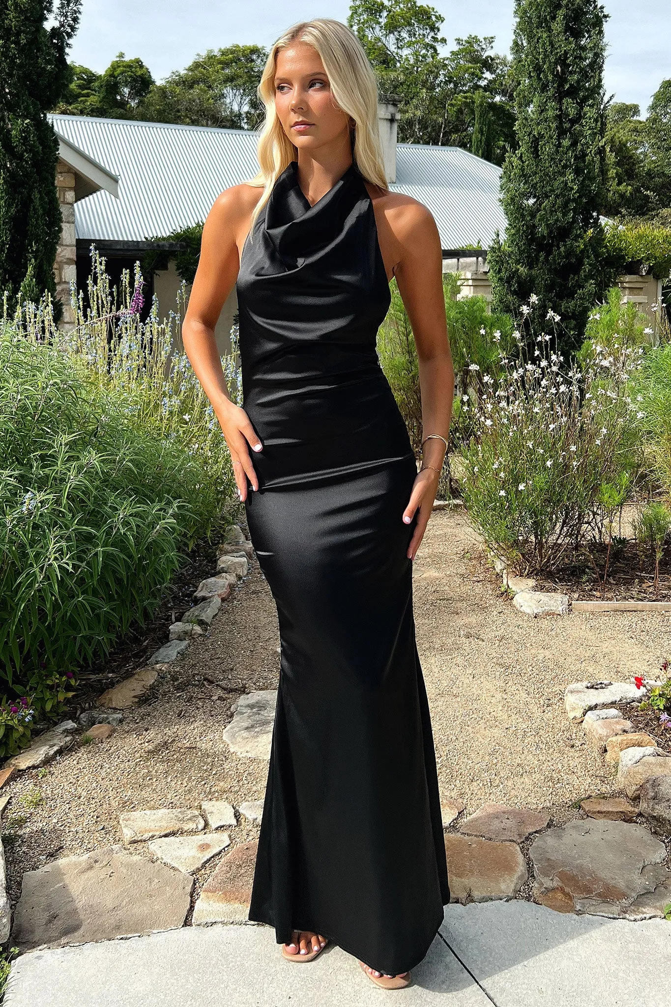 Corwin Open Back Satin Maxi Dress - Black Draped Look
