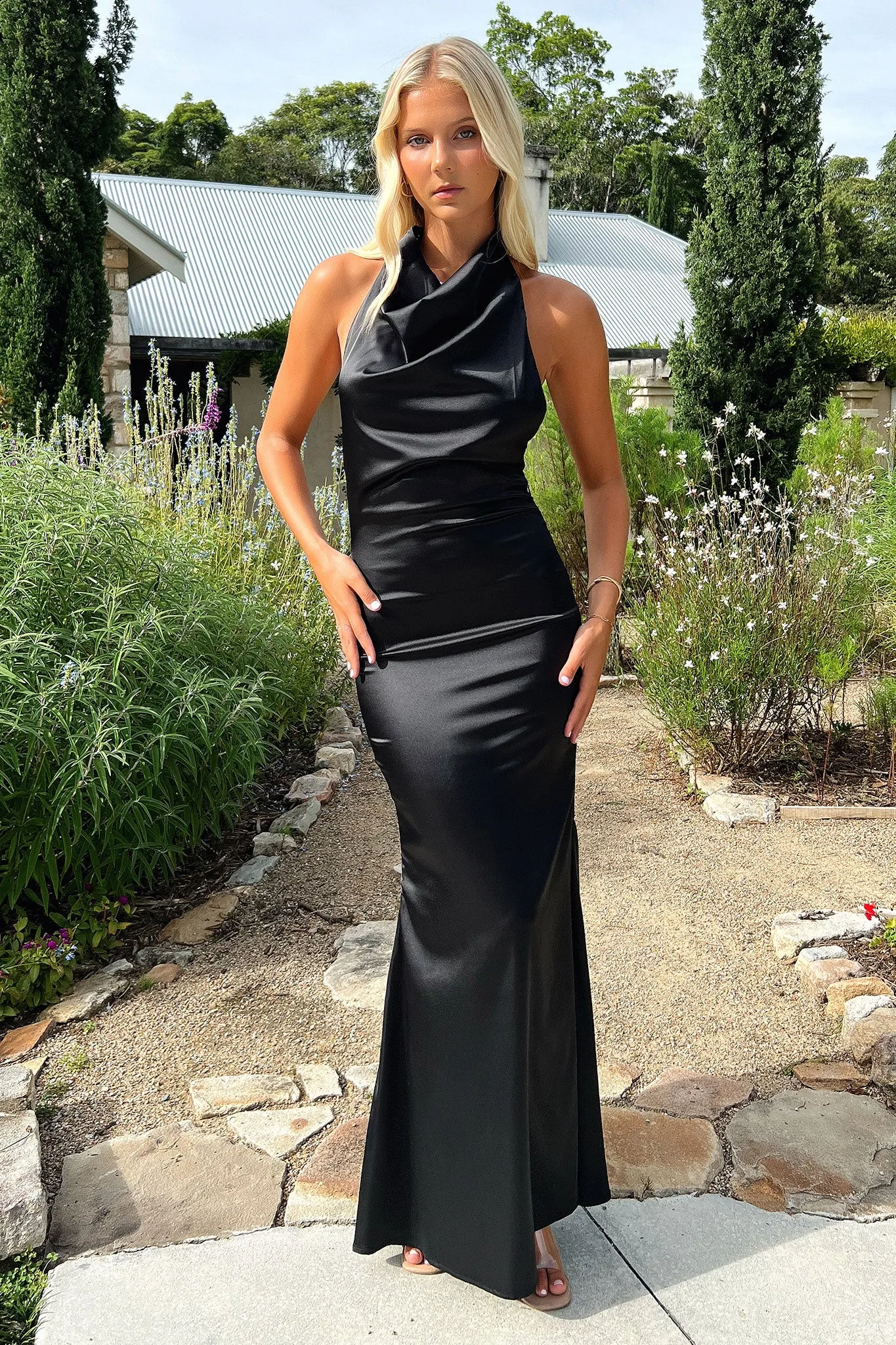 Corwin Open Back Satin Maxi Dress - Black Draped Look