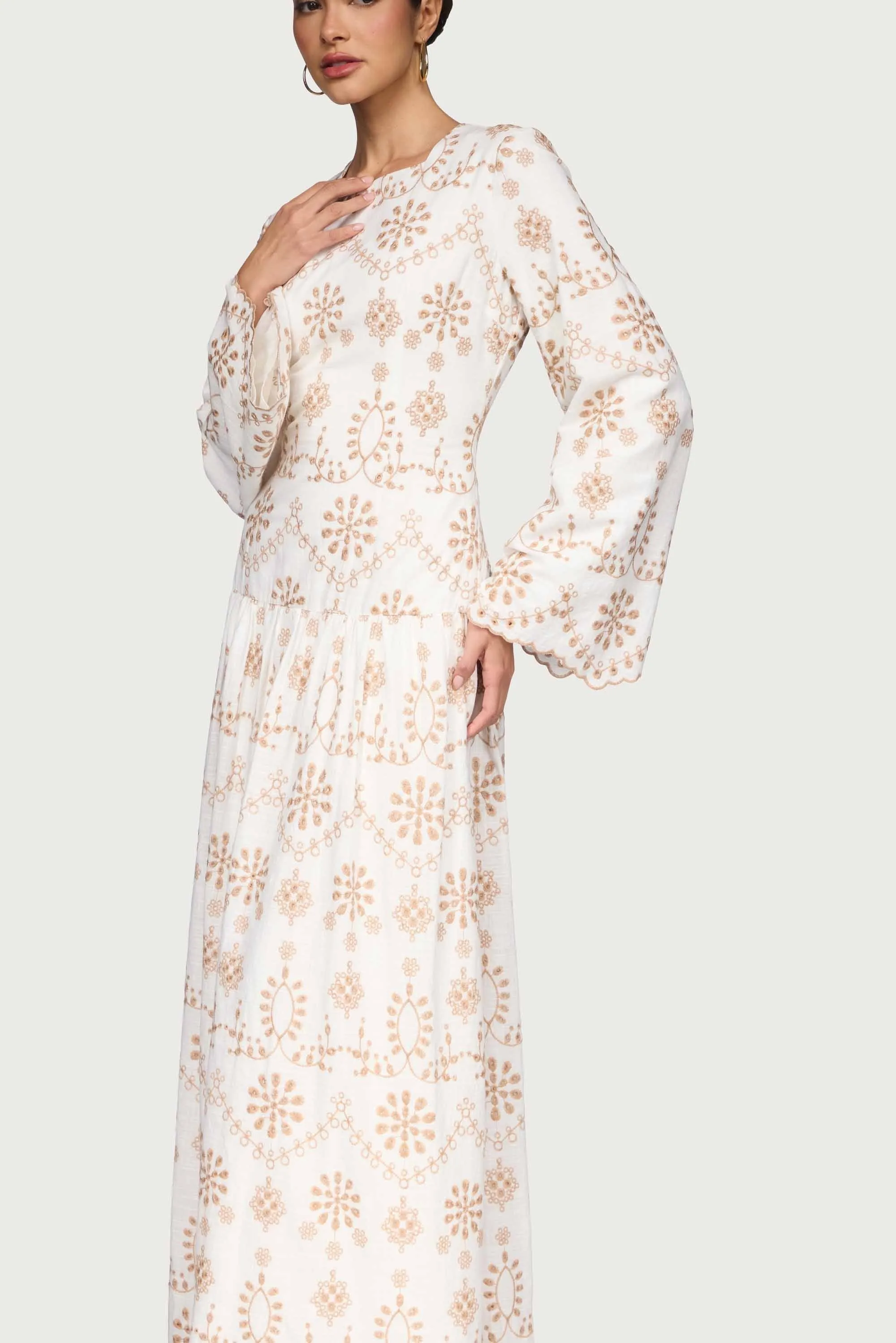 Cotton Eyelet Embroidered Drop Waist Maxi Dress - White High Slit
