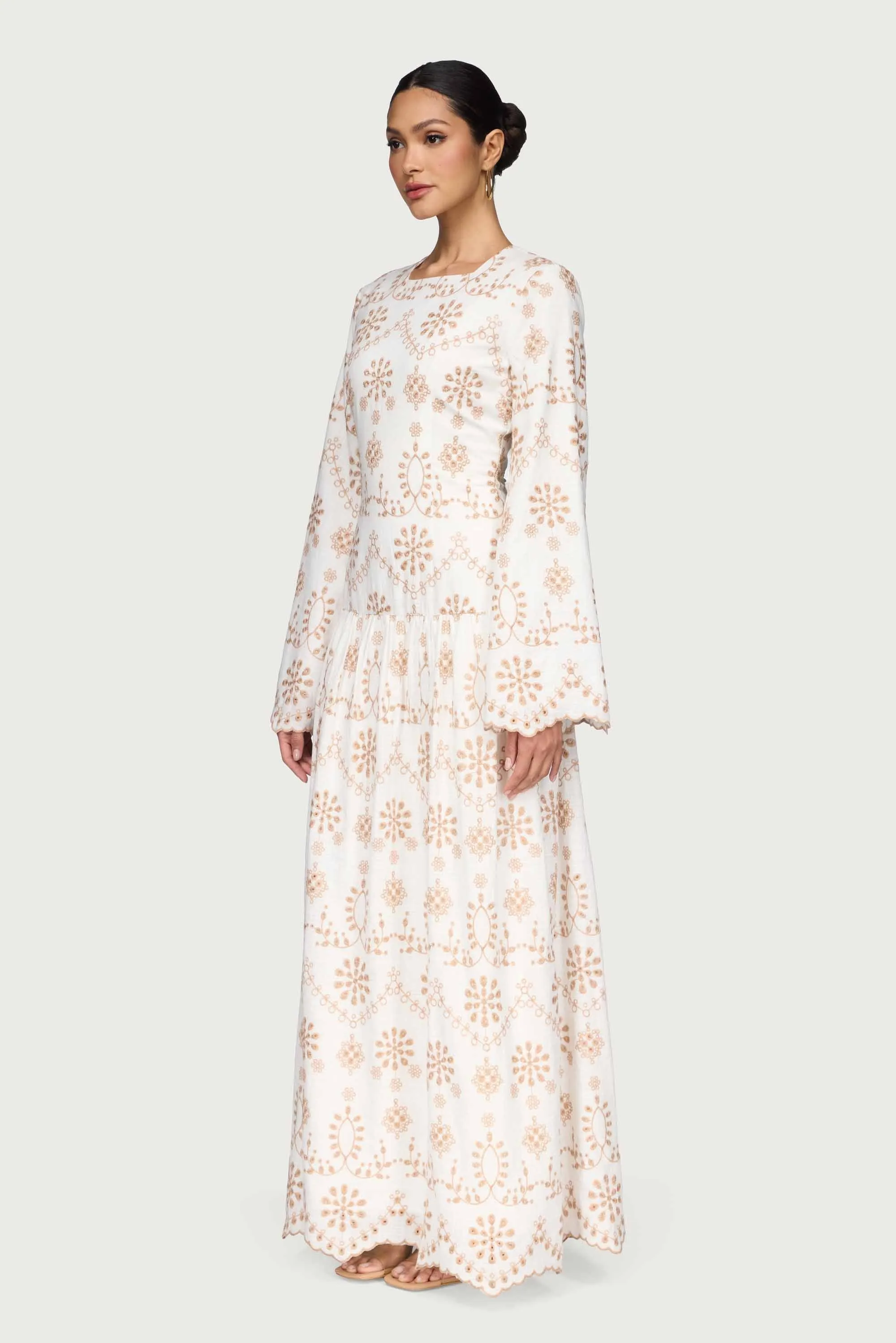 Cotton Eyelet Embroidered Drop Waist Maxi Dress - White High Slit