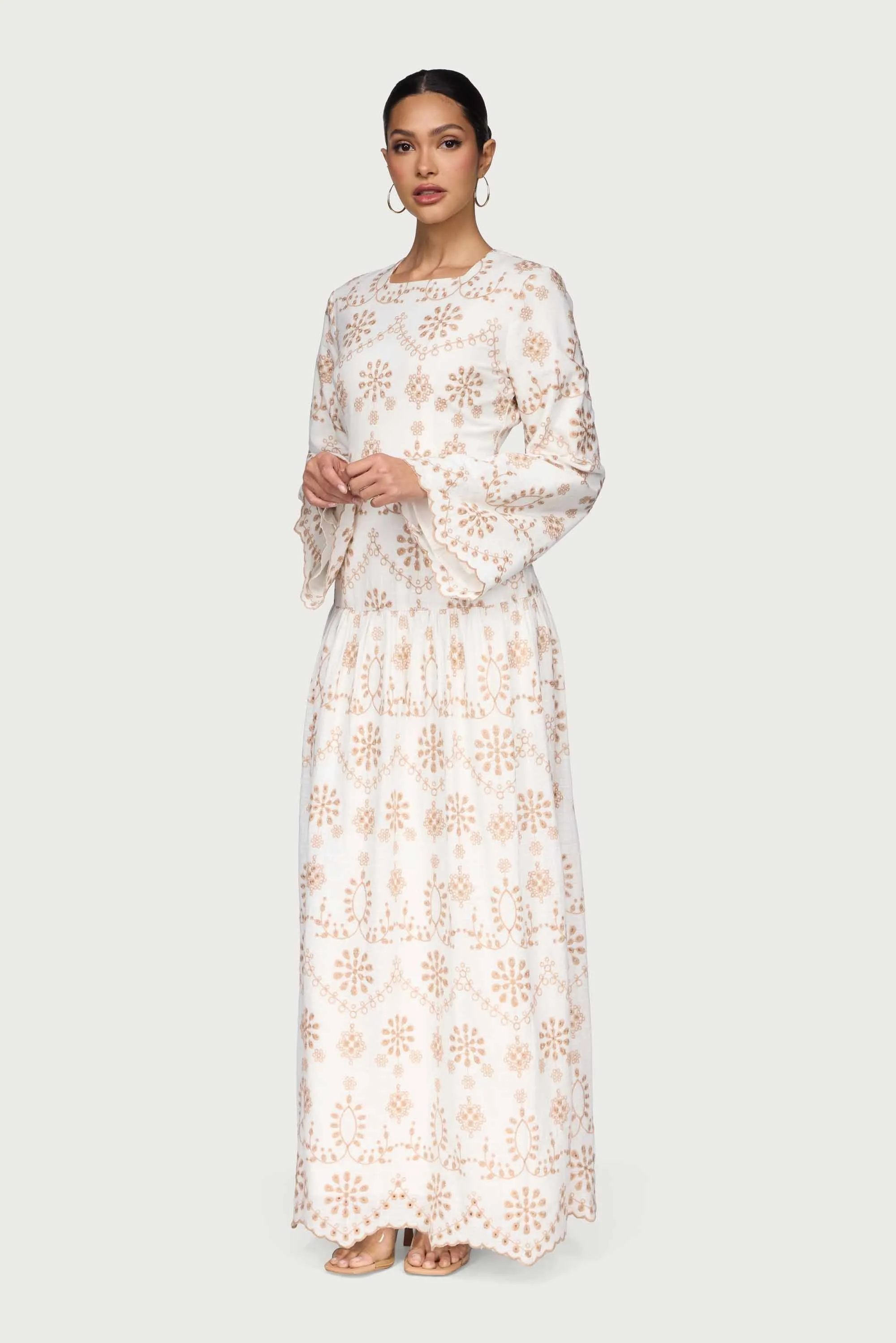 Cotton Eyelet Embroidered Drop Waist Maxi Dress - White High Slit