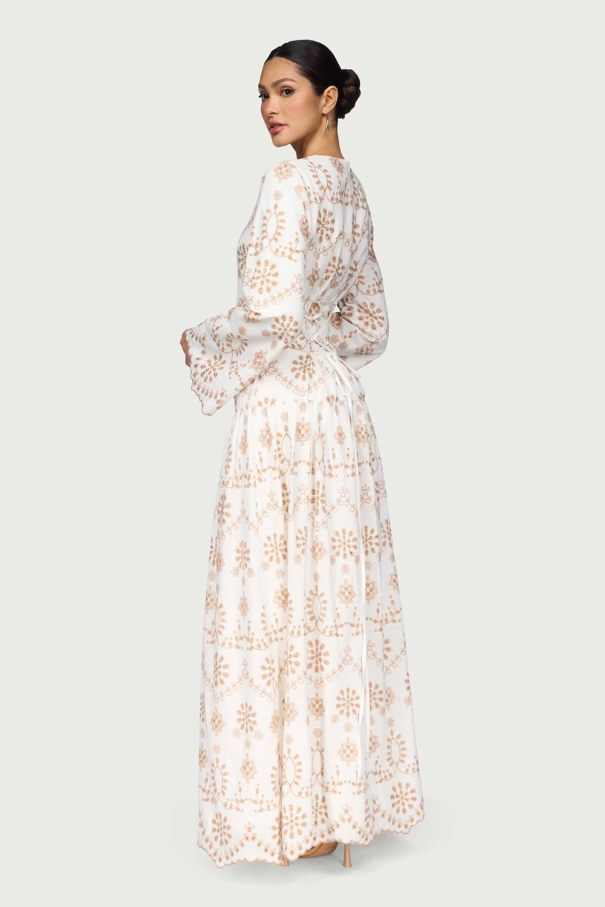 Cotton Eyelet Embroidered Drop Waist Maxi Dress - White High Slit