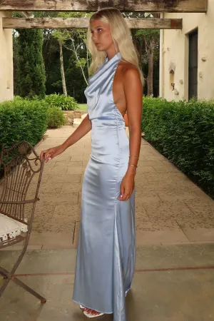 Corwin Open Back Satin Maxi Dress - Blue lightweight fabric