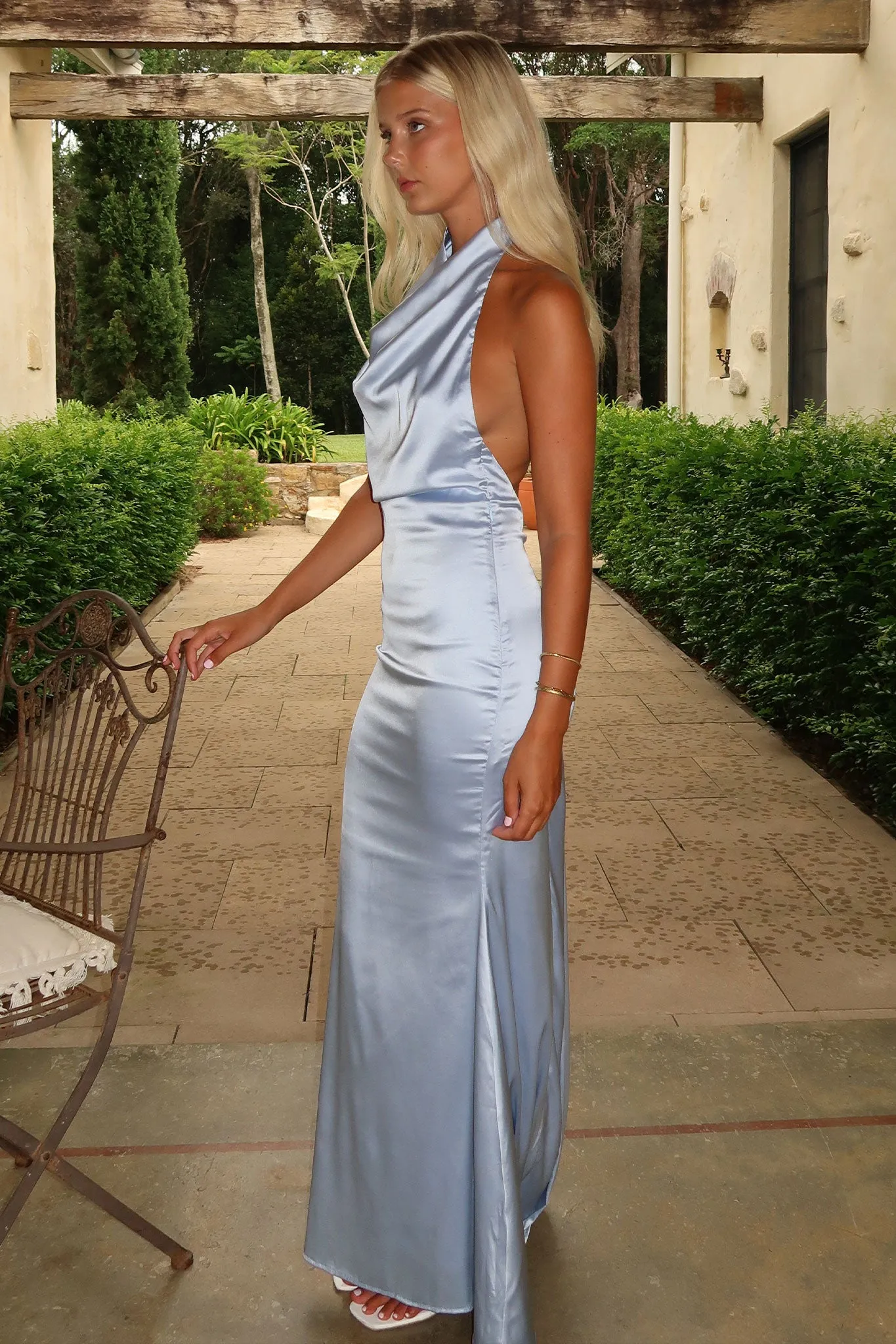 Corwin Open Back Satin Maxi Dress - Blue lightweight fabric