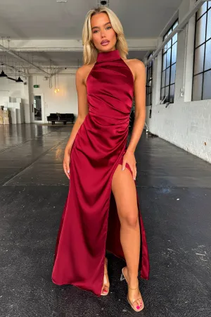 Tree Arch Cherry Bloom Arabelle High Neck Satin Maxi Dress - Burgundy