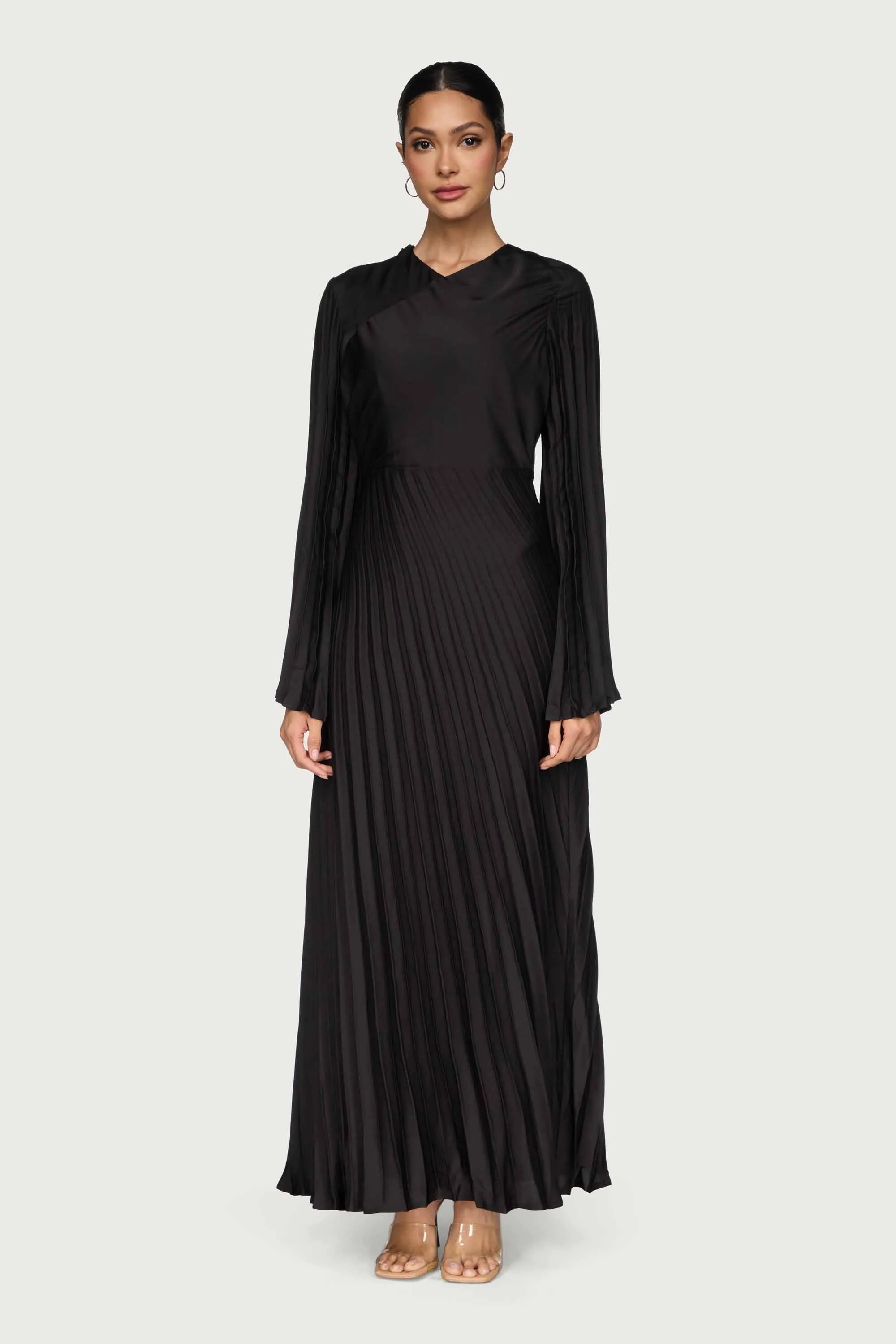 Fall Silhouette Summer Soft Asymmetric Pleated Maxi Dress - Black