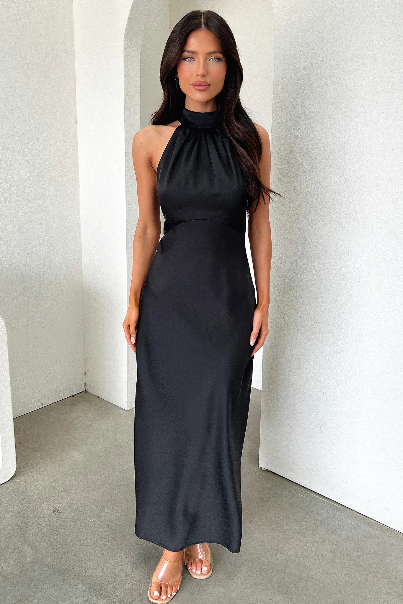Daphne High Neck Maxi Dress - Black Classic Draping
