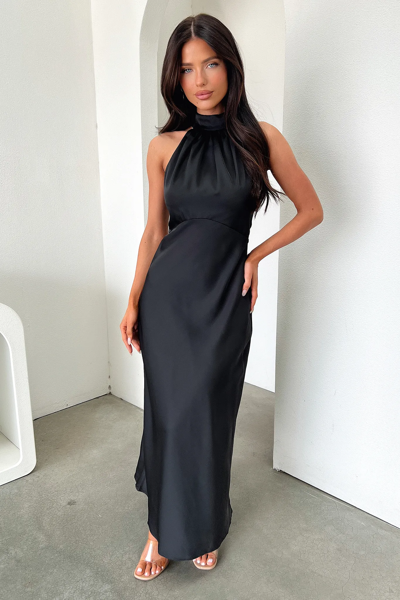 Daphne High Neck Maxi Dress - Black Classic Draping
