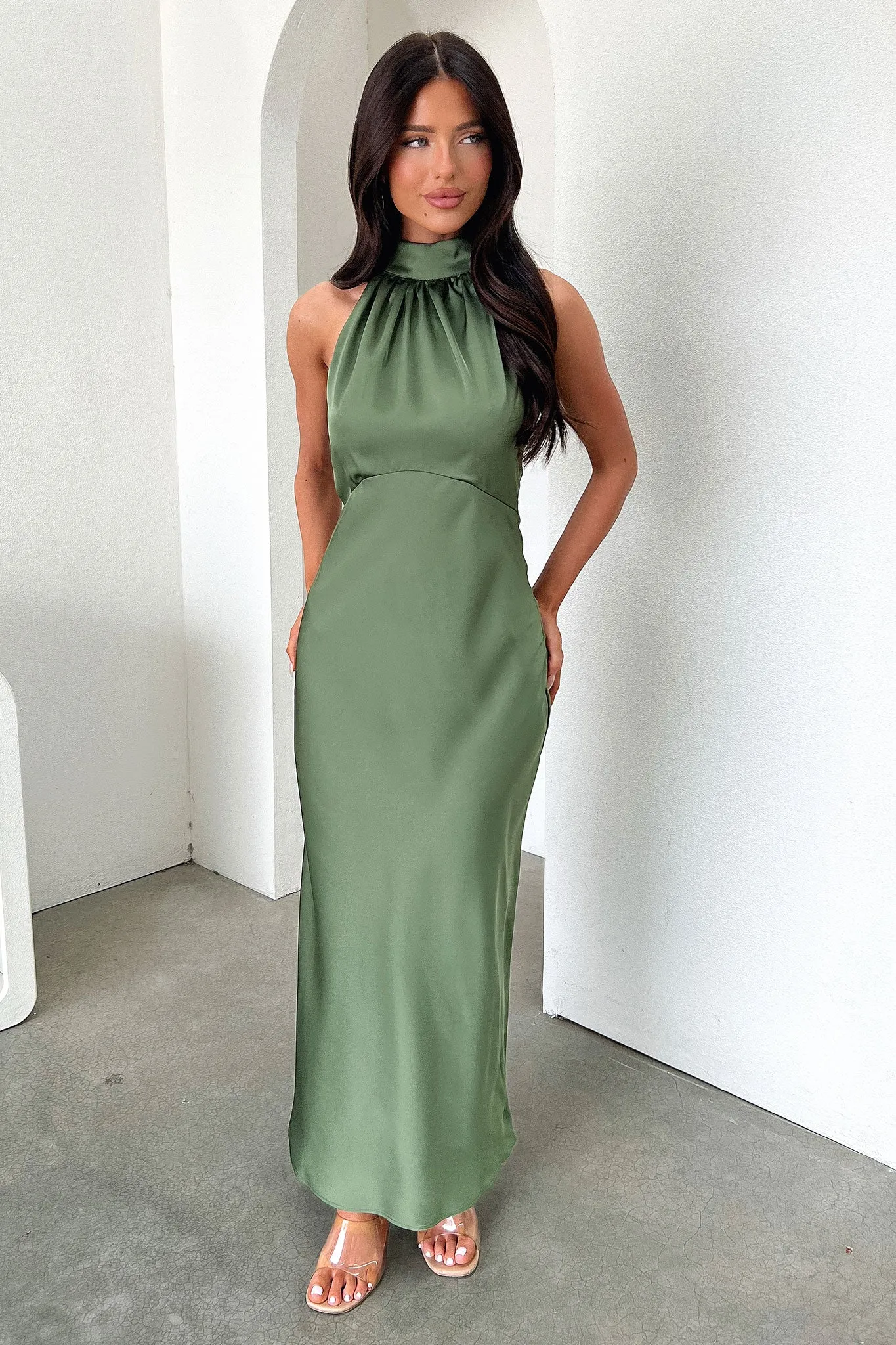 Daphne High Neck Maxi Dress - Olive Stylish Wearable