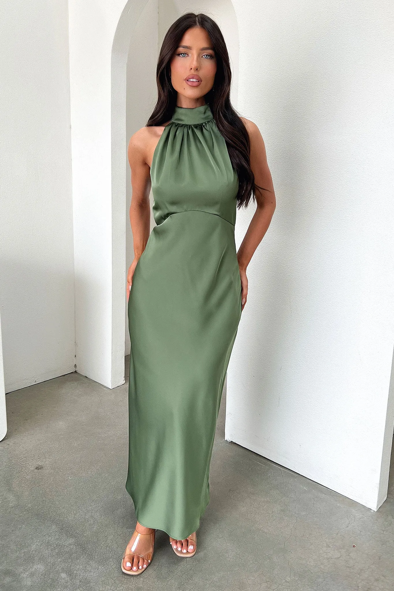 Daphne High Neck Maxi Dress - Olive Stylish Wearable
