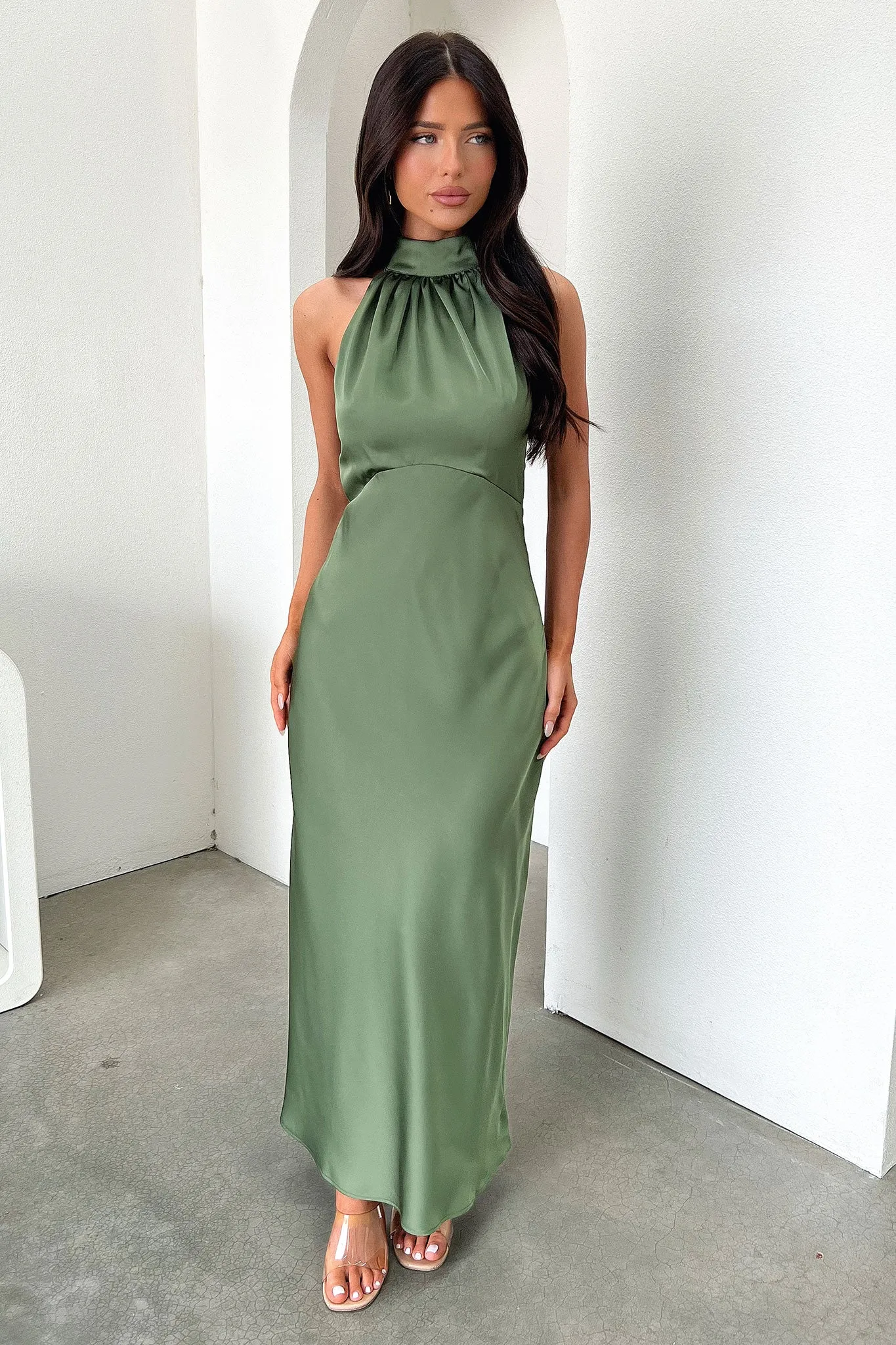 Daphne High Neck Maxi Dress - Olive Stylish Wearable