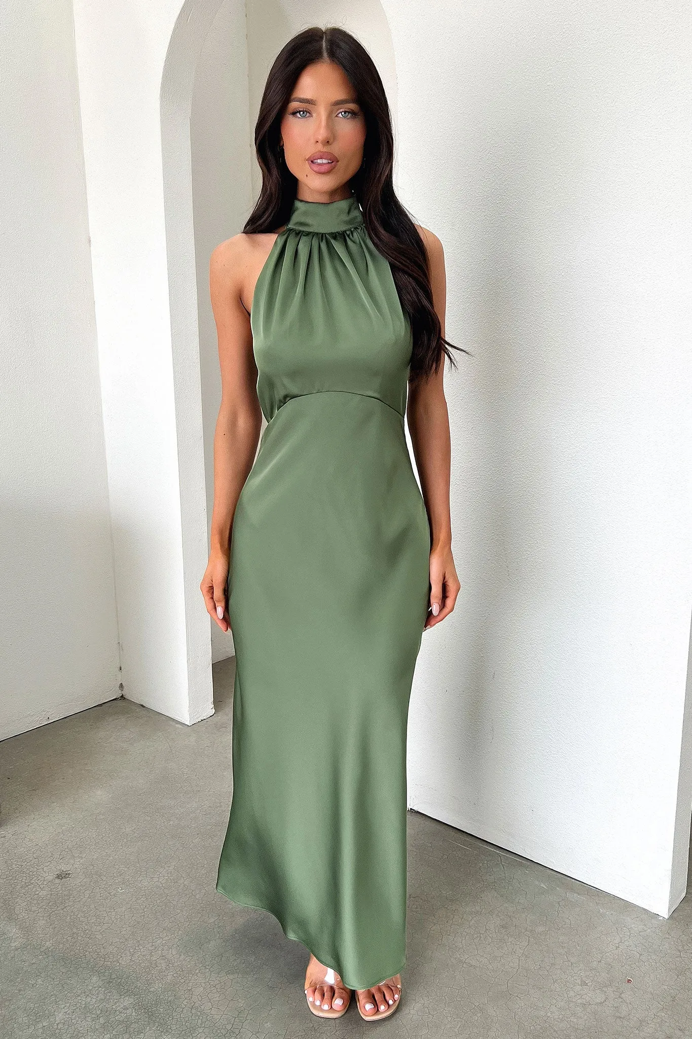 Daphne High Neck Maxi Dress - Olive Stylish Wearable