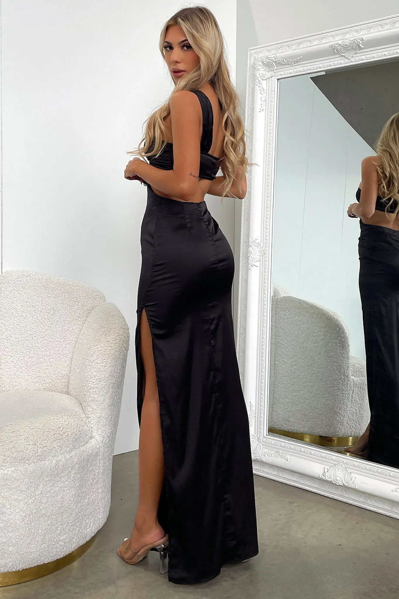 Day To Night Alexia One Shoulder Satin Maxi Dress - Black