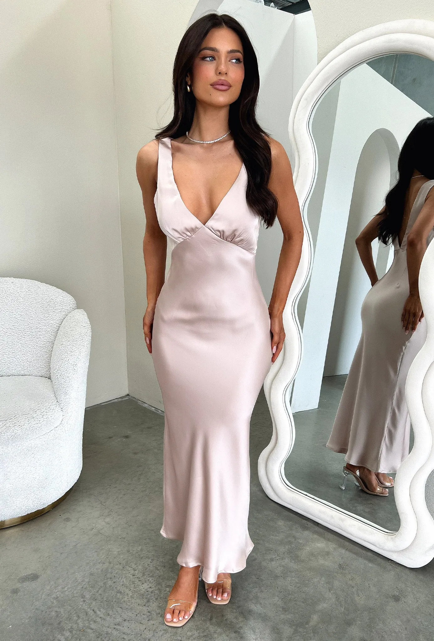 Delayne V-Neck Satin Midi Dress - Champagne Romantic Style