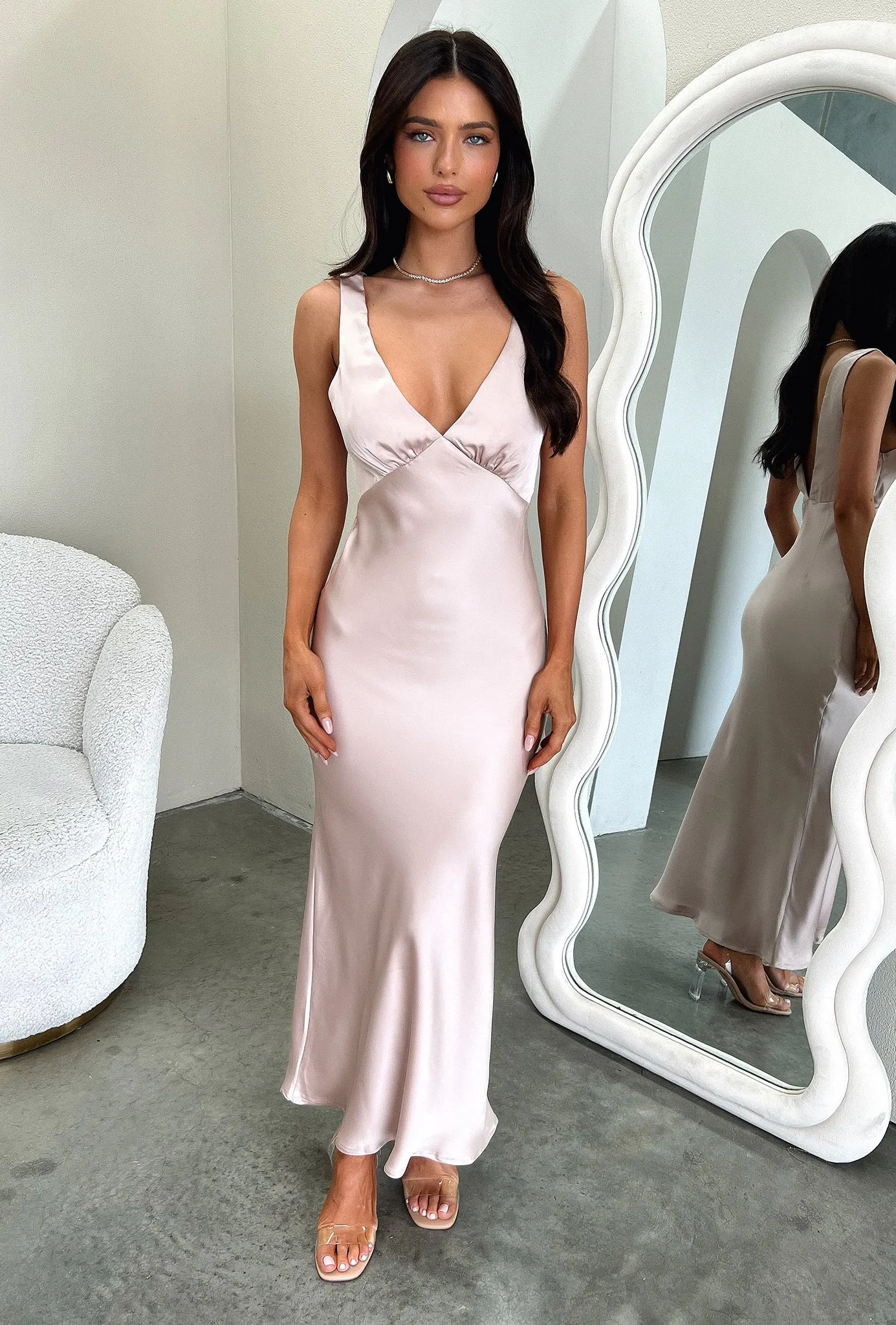 Delayne V-Neck Satin Midi Dress - Champagne Romantic Style