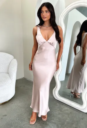 Delayne V-Neck Satin Midi Dress - Champagne Elegant holiday wear Modern Staple