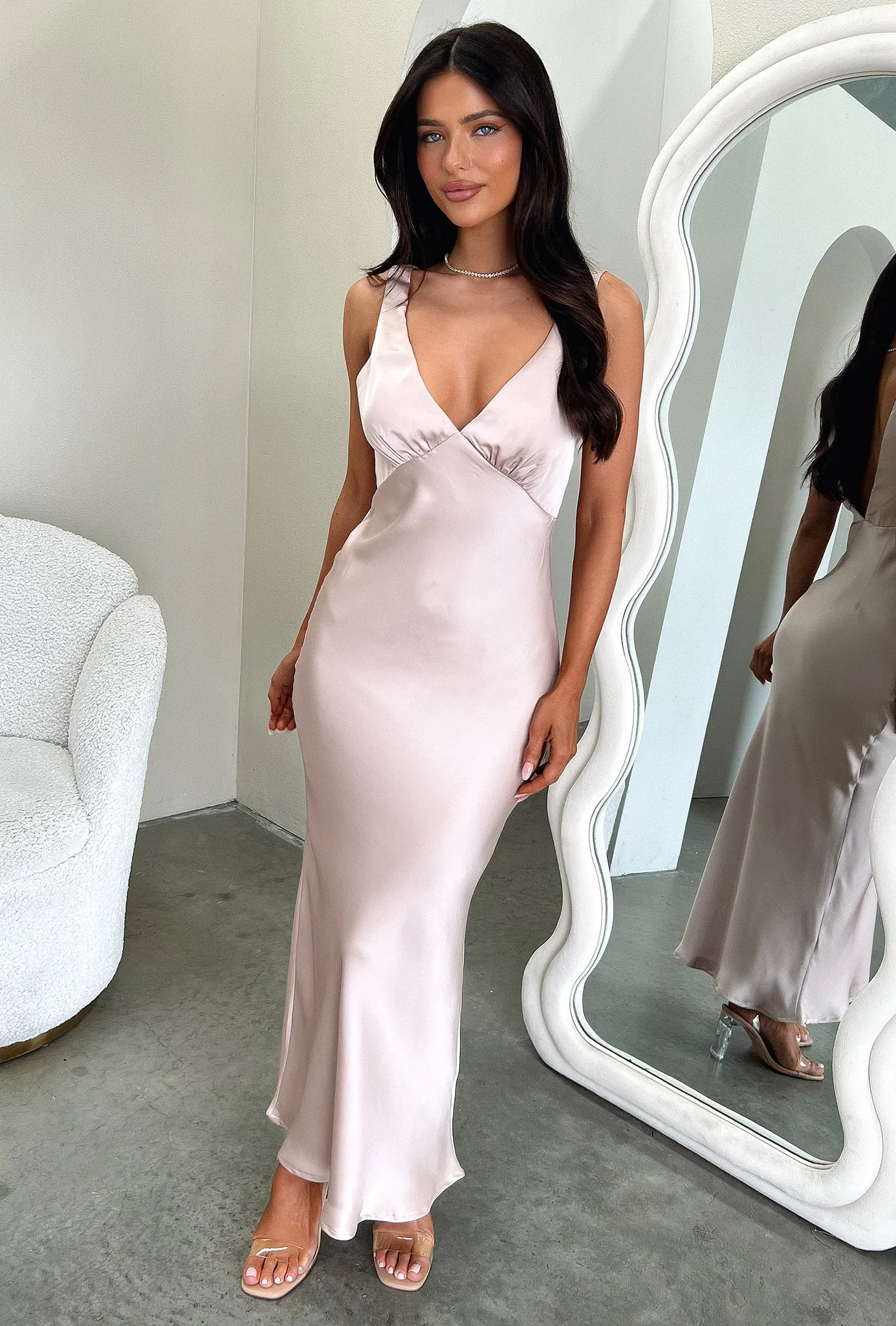 Delayne V-Neck Satin Midi Dress - Champagne Romantic Style