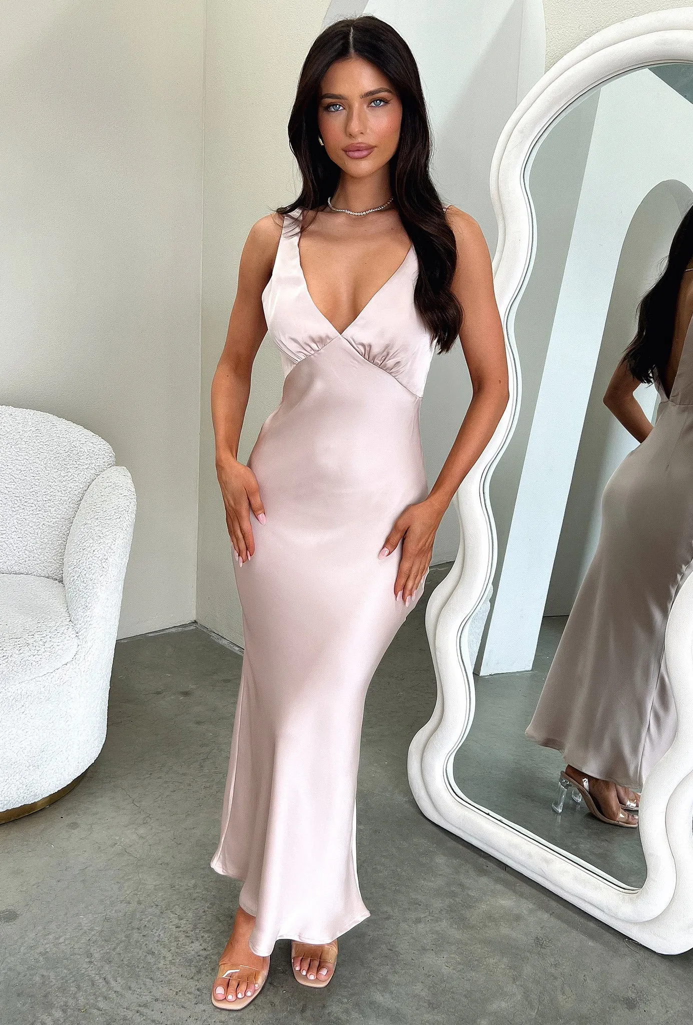 Delayne V-Neck Satin Midi Dress - Champagne Romantic Style