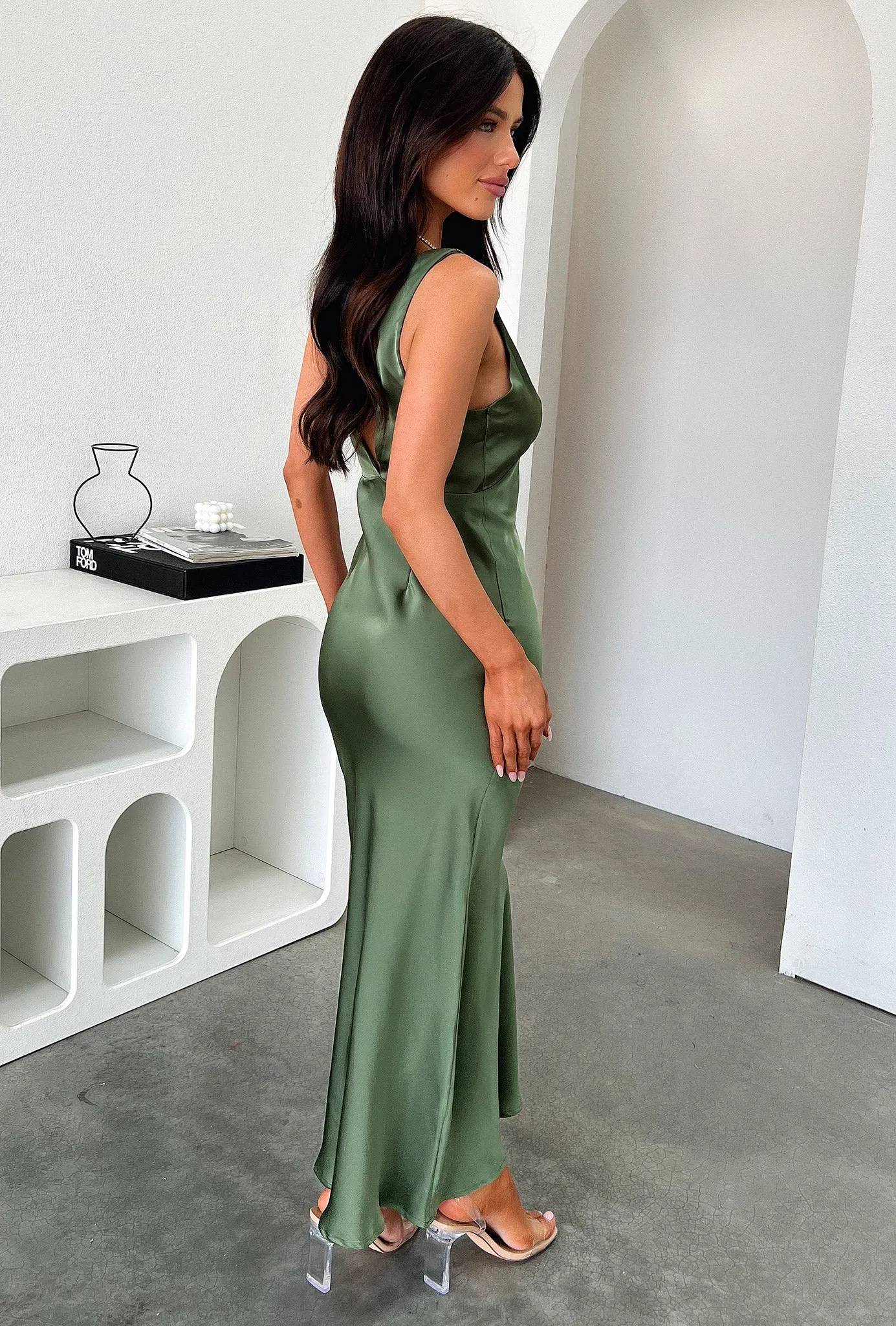 Delayne V-Neck Satin Midi Dress - Olive Side Slit