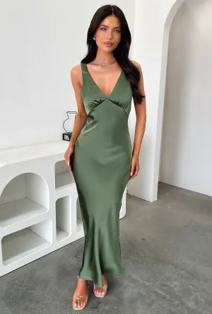 Soft-touch Textured Look Delayne V-Neck Satin Midi Dress - Olive