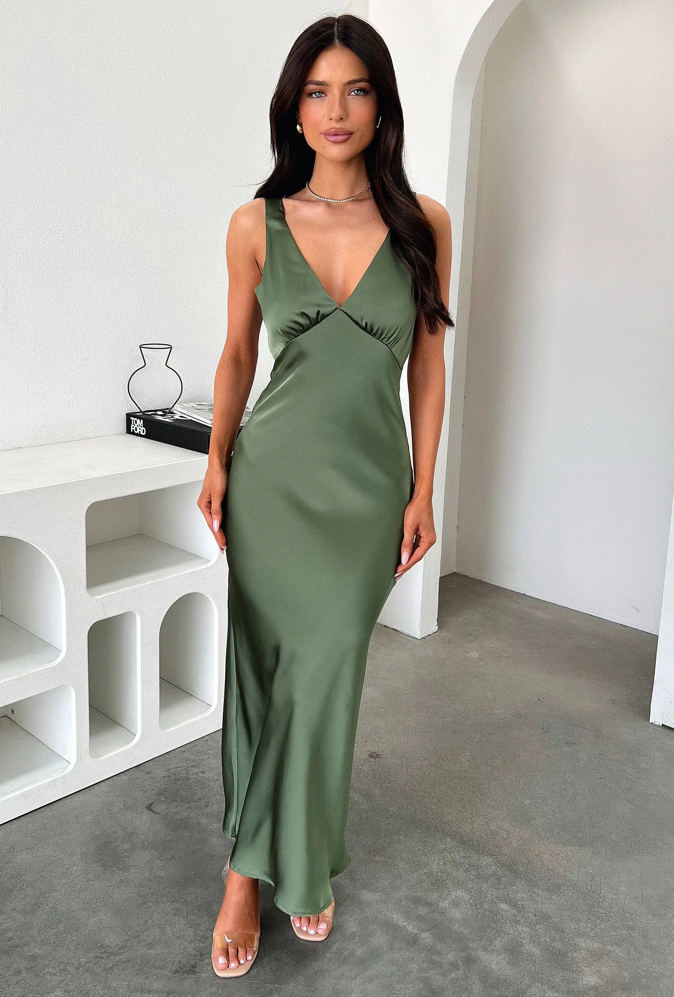 Delayne V-Neck Satin Midi Dress - Olive Side Slit
