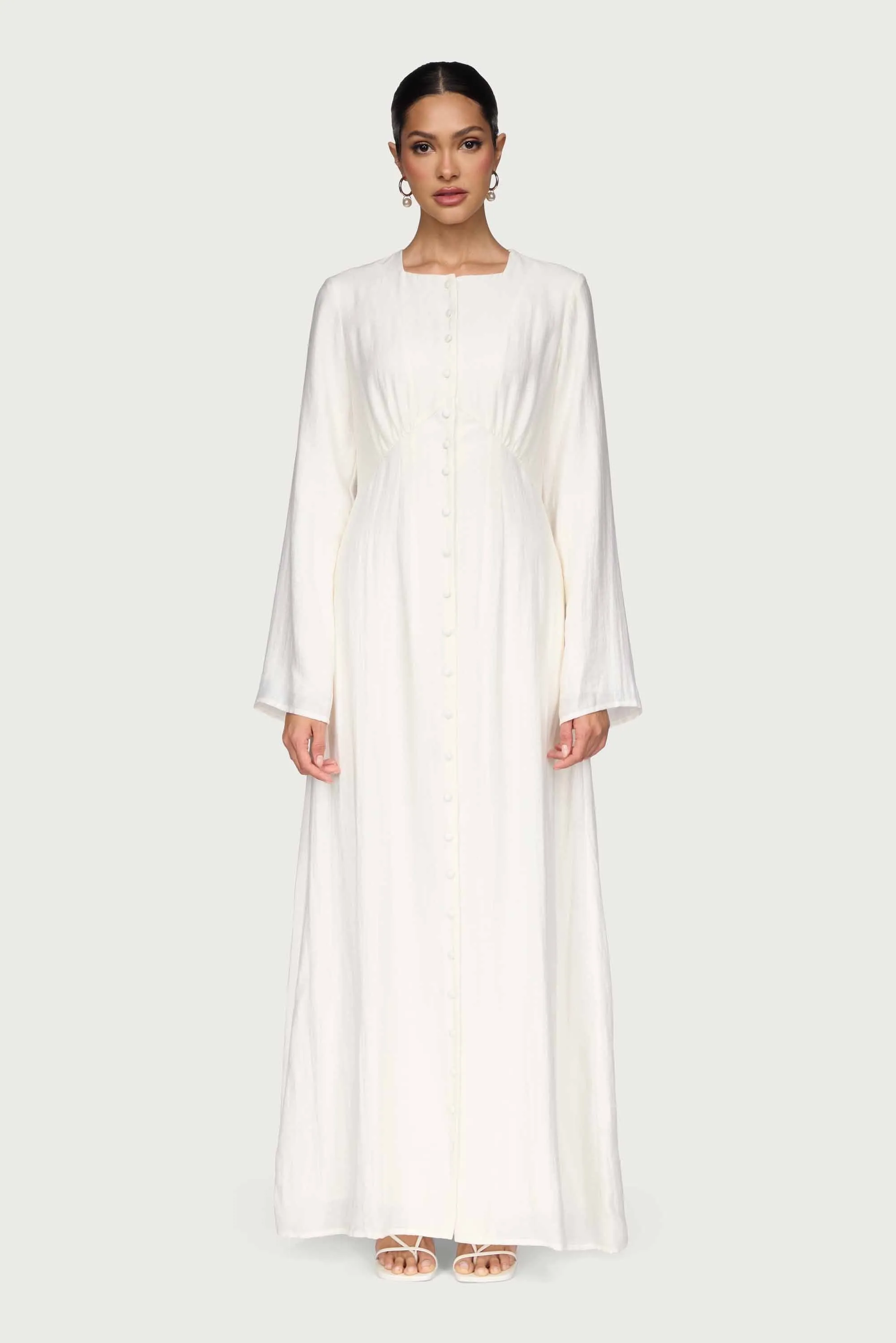 Guest Glam Air Comfort Linen Blend Button Front Maxi Dress - Off White