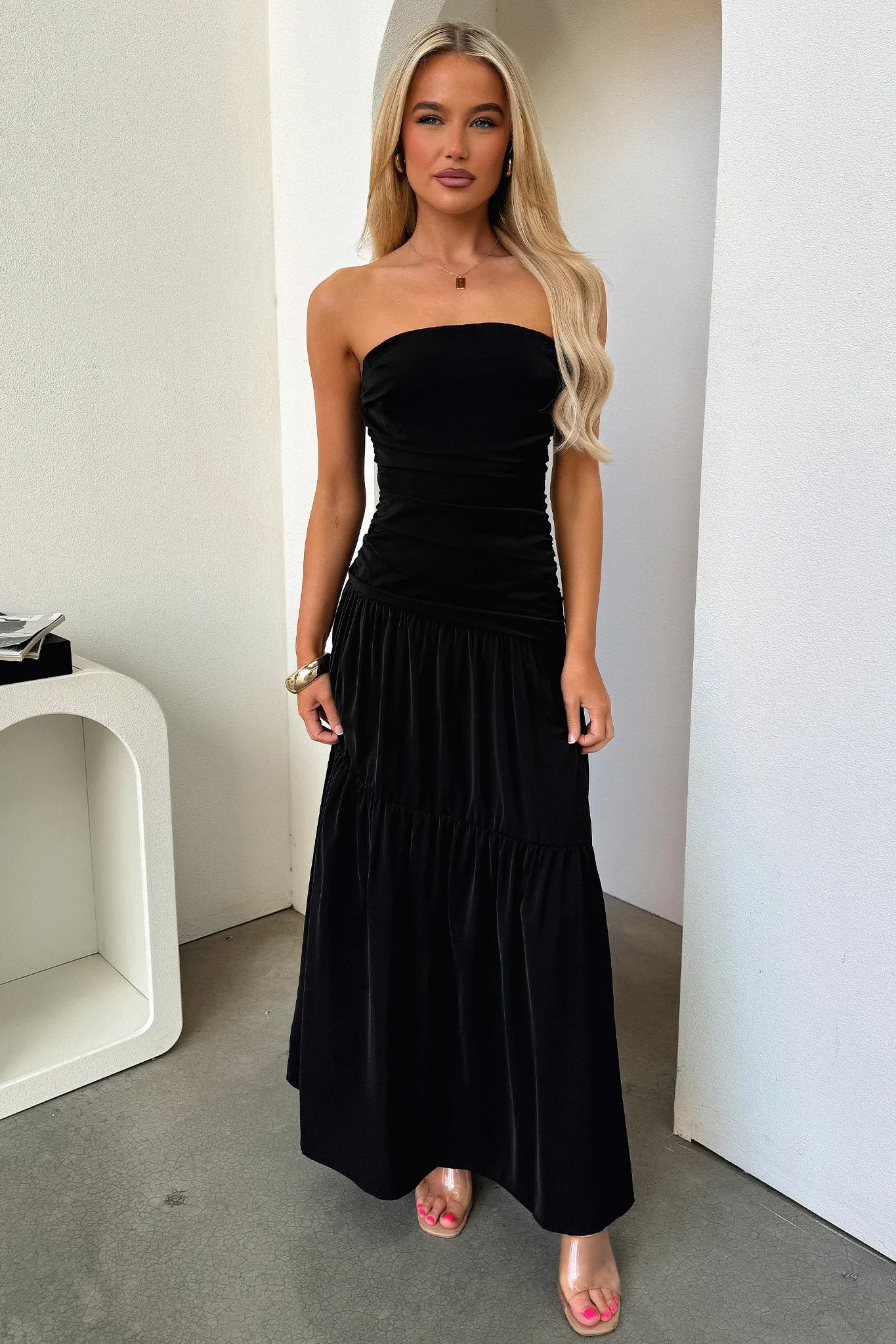Detachable Tie Charlotte Strapless Maxi Dress - Black