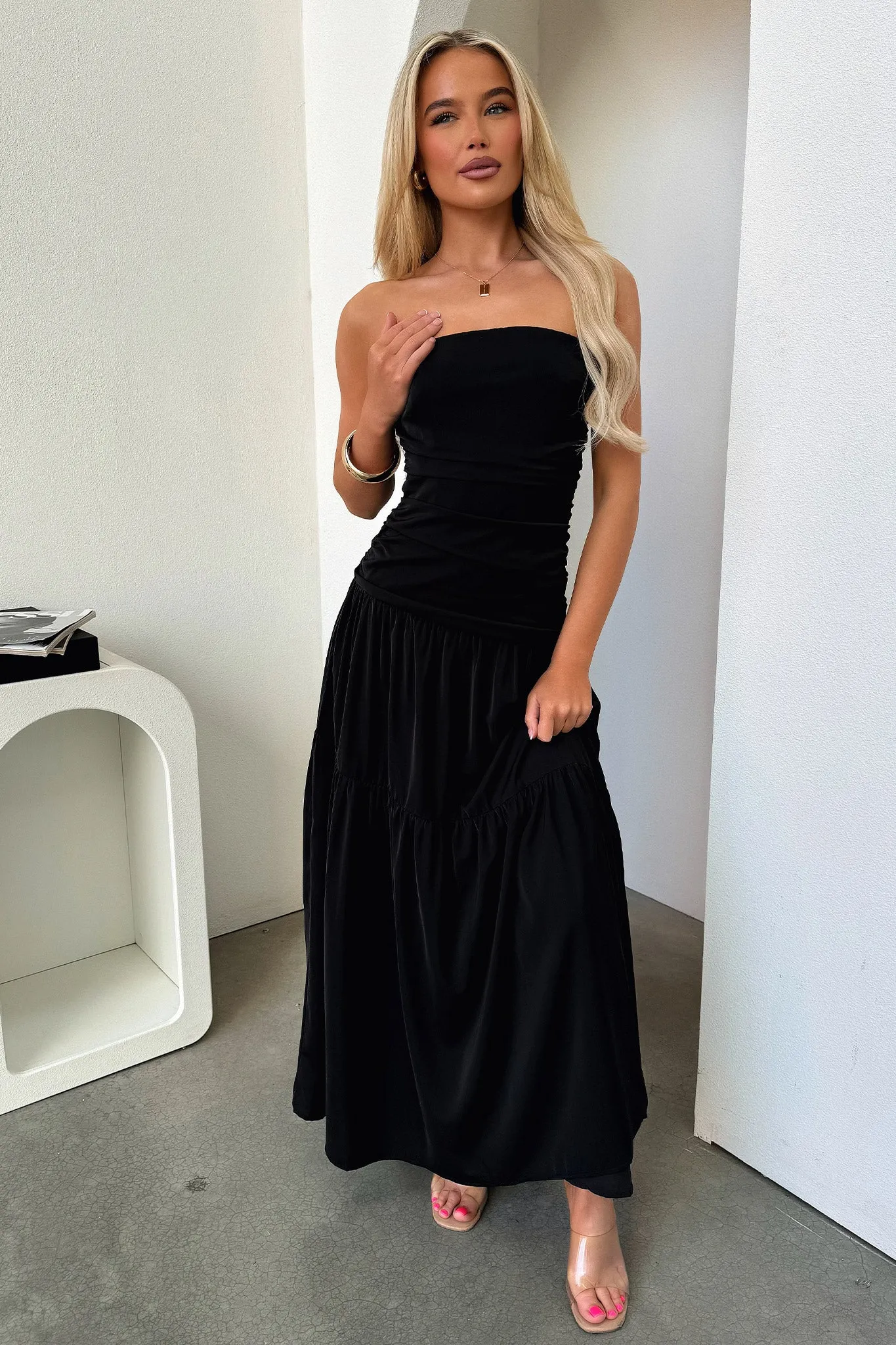 Detachable Tie Charlotte Strapless Maxi Dress - Black