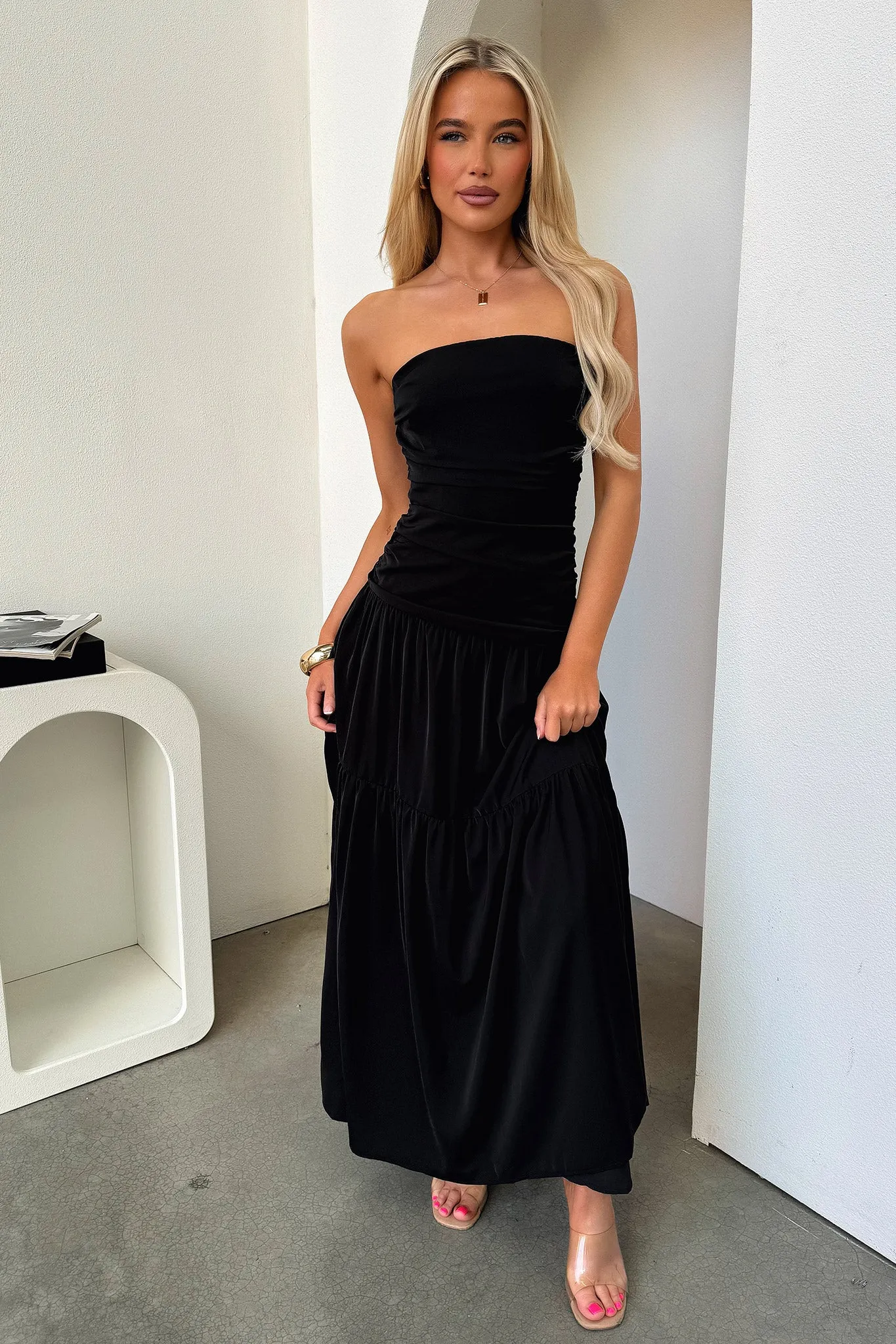 Detachable Tie Charlotte Strapless Maxi Dress - Black