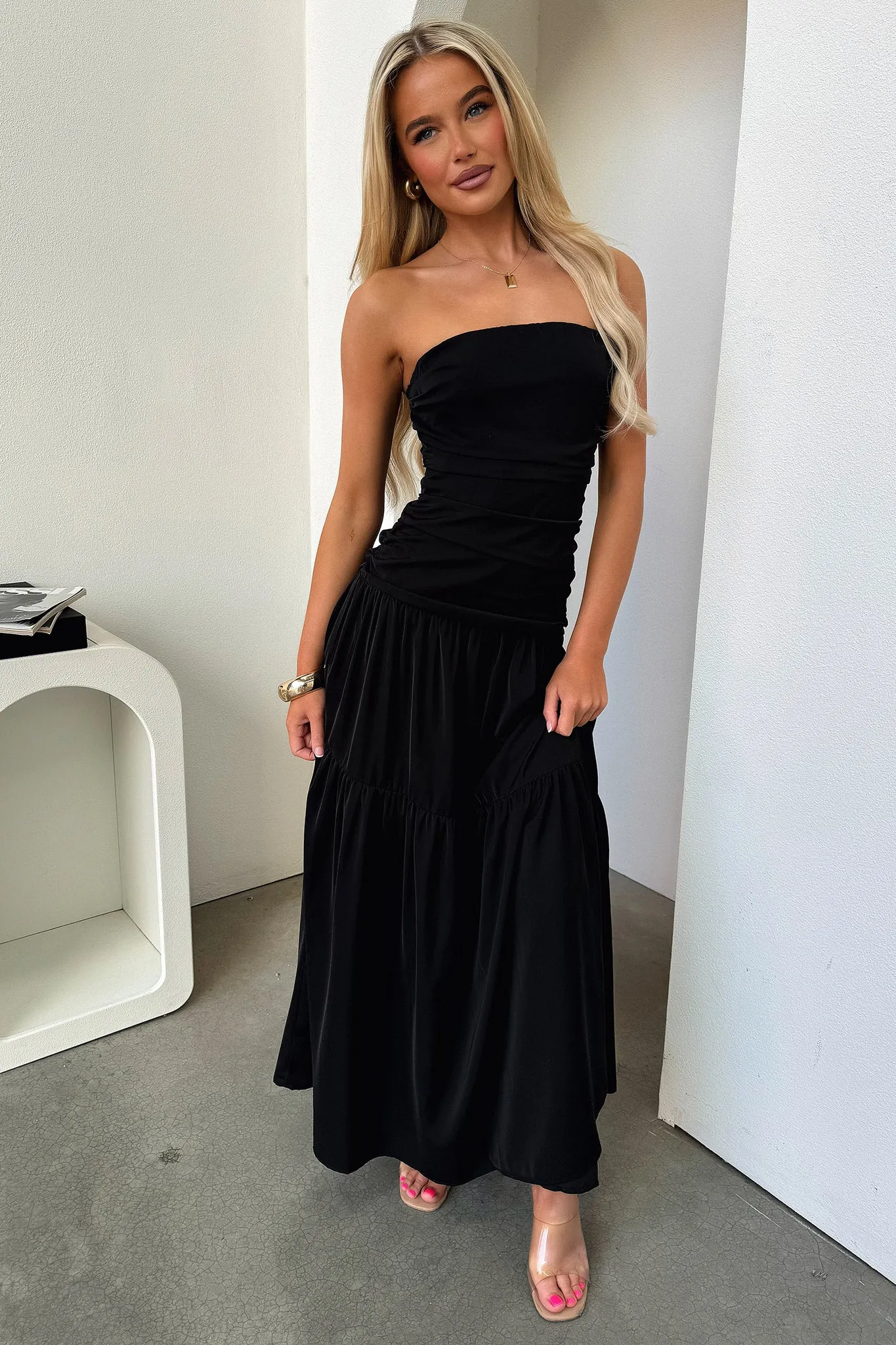 Detachable Tie Charlotte Strapless Maxi Dress - Black
