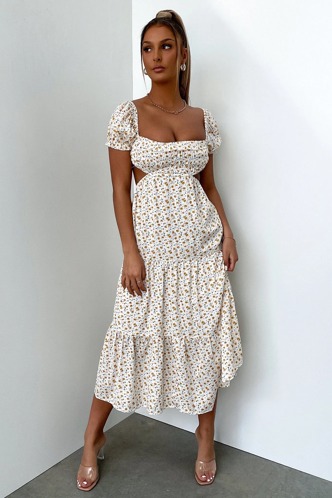Elastic Bust Noelle Midi Dress - Yellow Floral