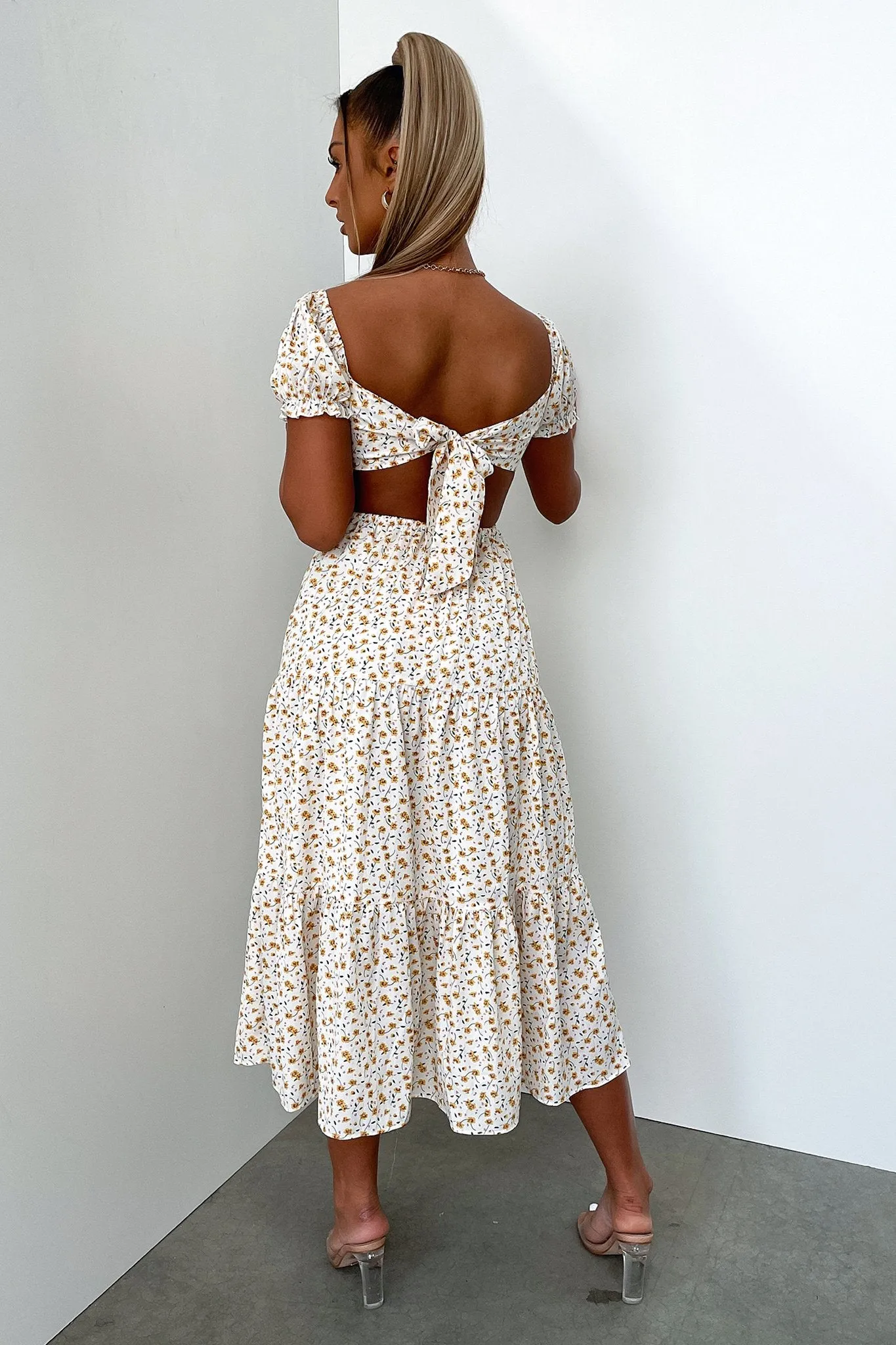 Elastic Bust Noelle Midi Dress - Yellow Floral