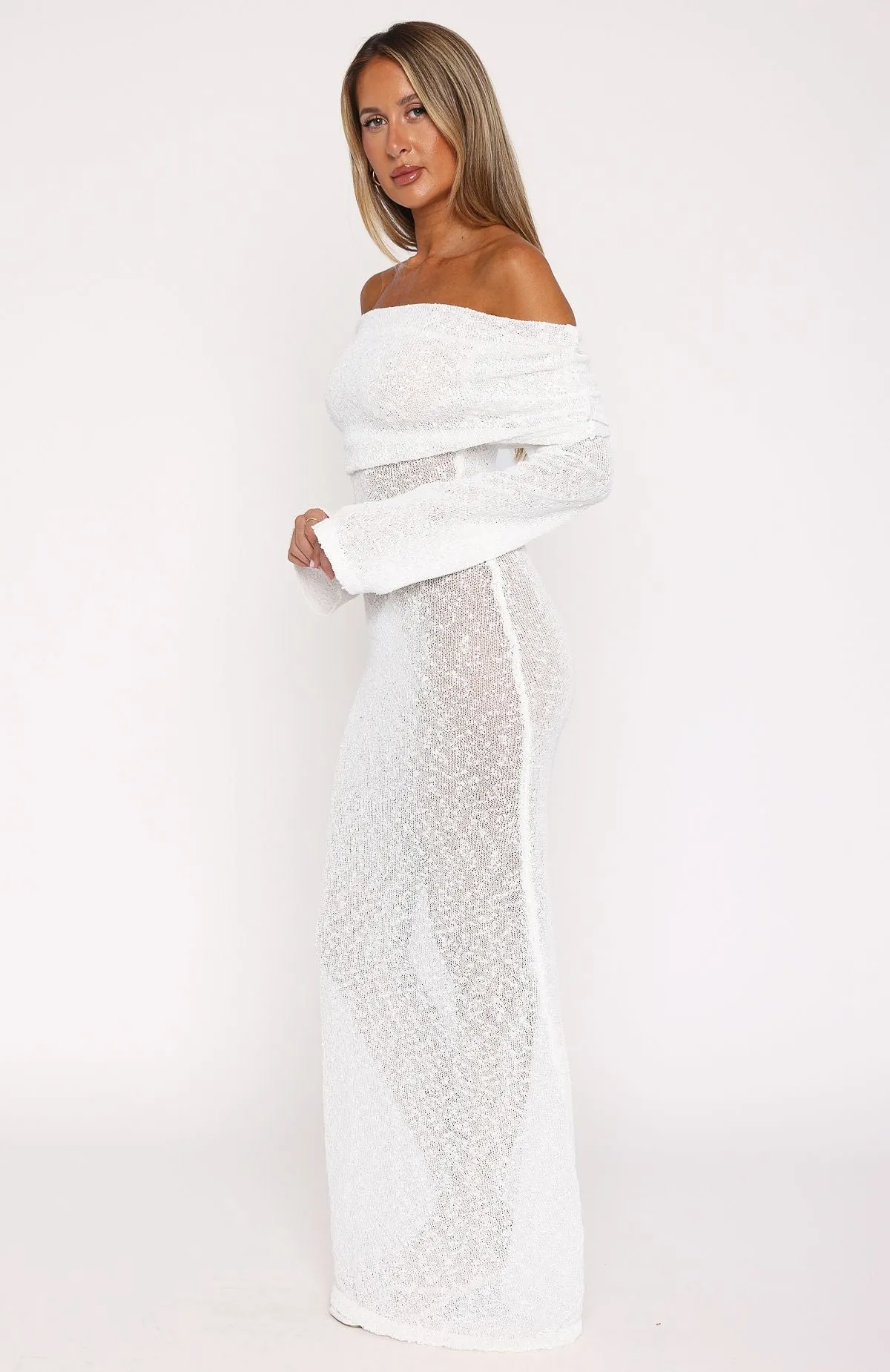 Elastic waist Made It Out Long Sleeve Boucle Maxi Dress White