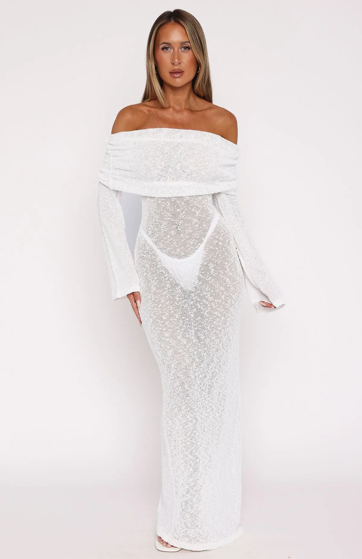 Elastic waist Made It Out Long Sleeve Boucle Maxi Dress White