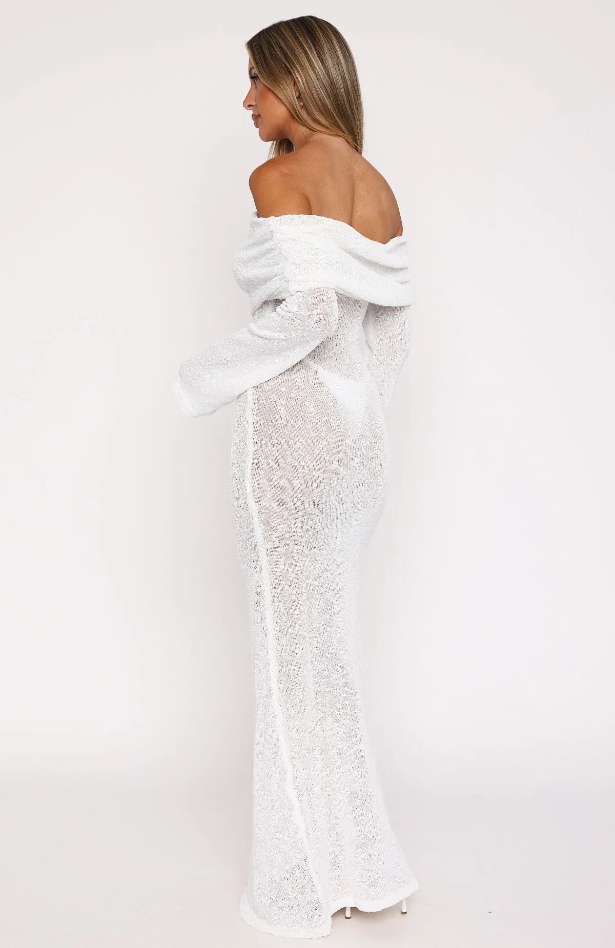 Elastic waist Made It Out Long Sleeve Boucle Maxi Dress White