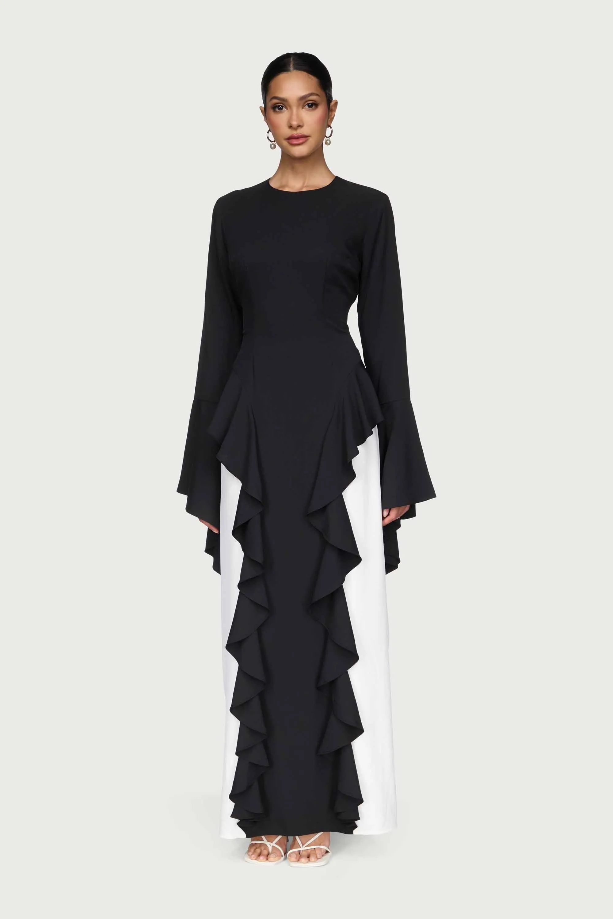 Shiny surface Event Ready Leen Contrast Ruffle Maxi Dress - Black