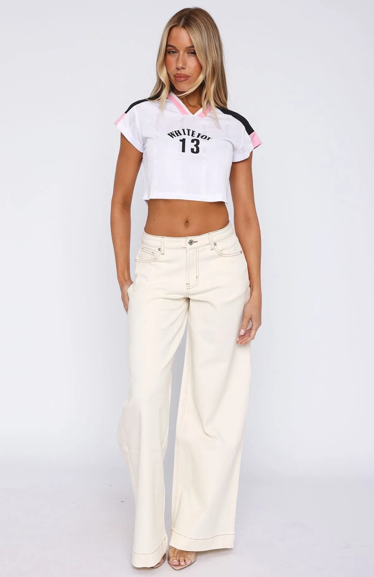 Elena Low Rise Wide Leg Jeans Cream Simple Versatile