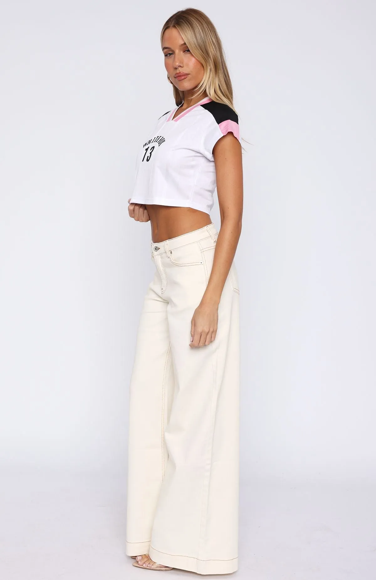 Elena Low Rise Wide Leg Jeans Cream Simple Versatile