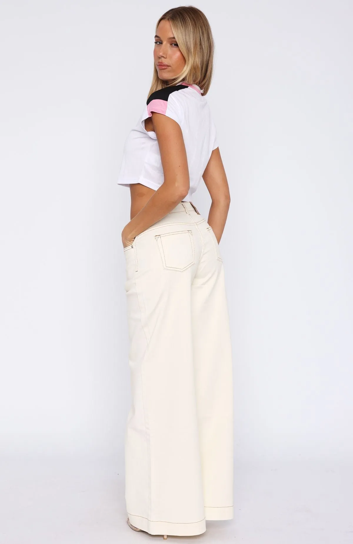 Elena Low Rise Wide Leg Jeans Cream Simple Versatile