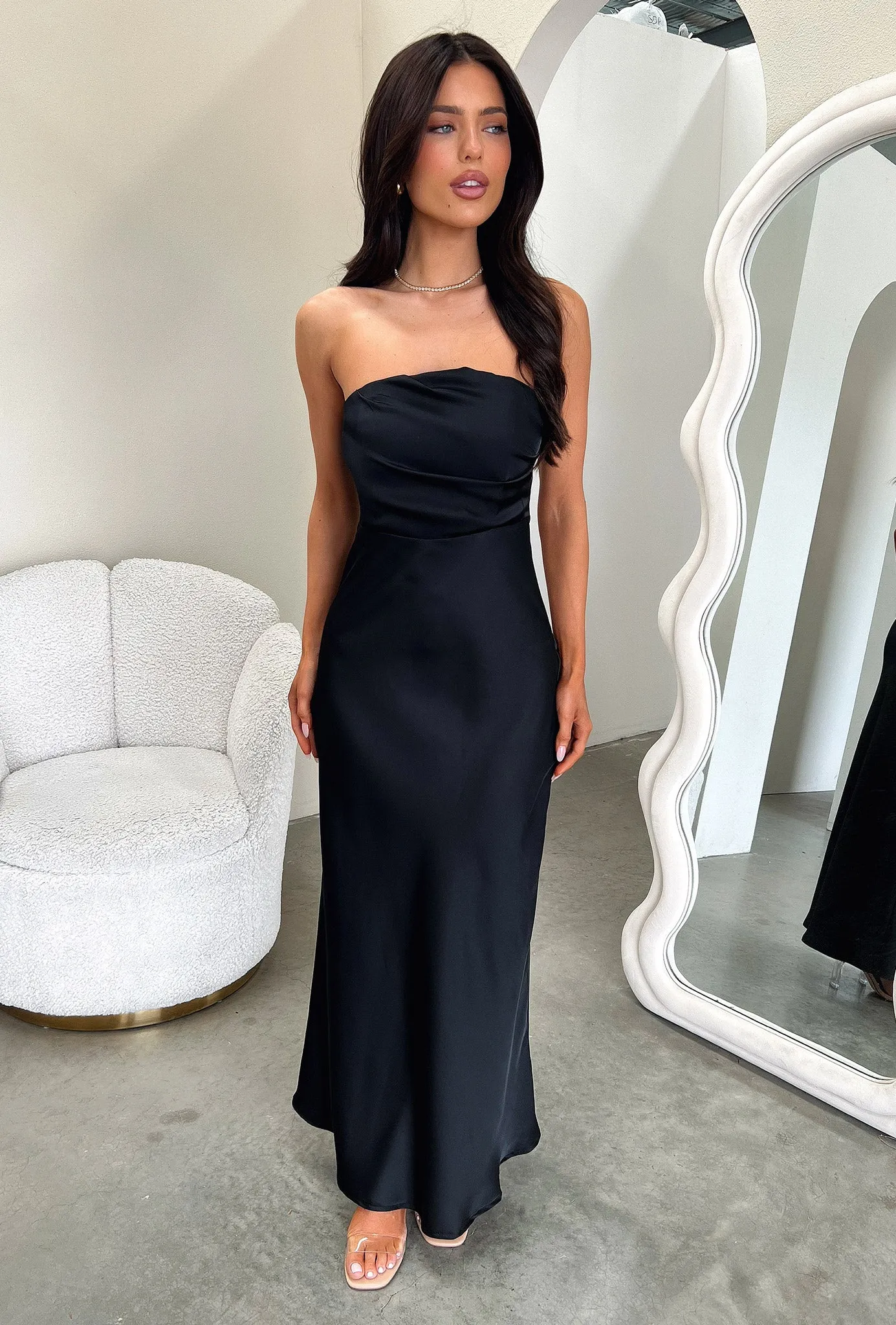 Elio Strapless Satin Maxi Dress - Black Chill Mode Tall-Fit