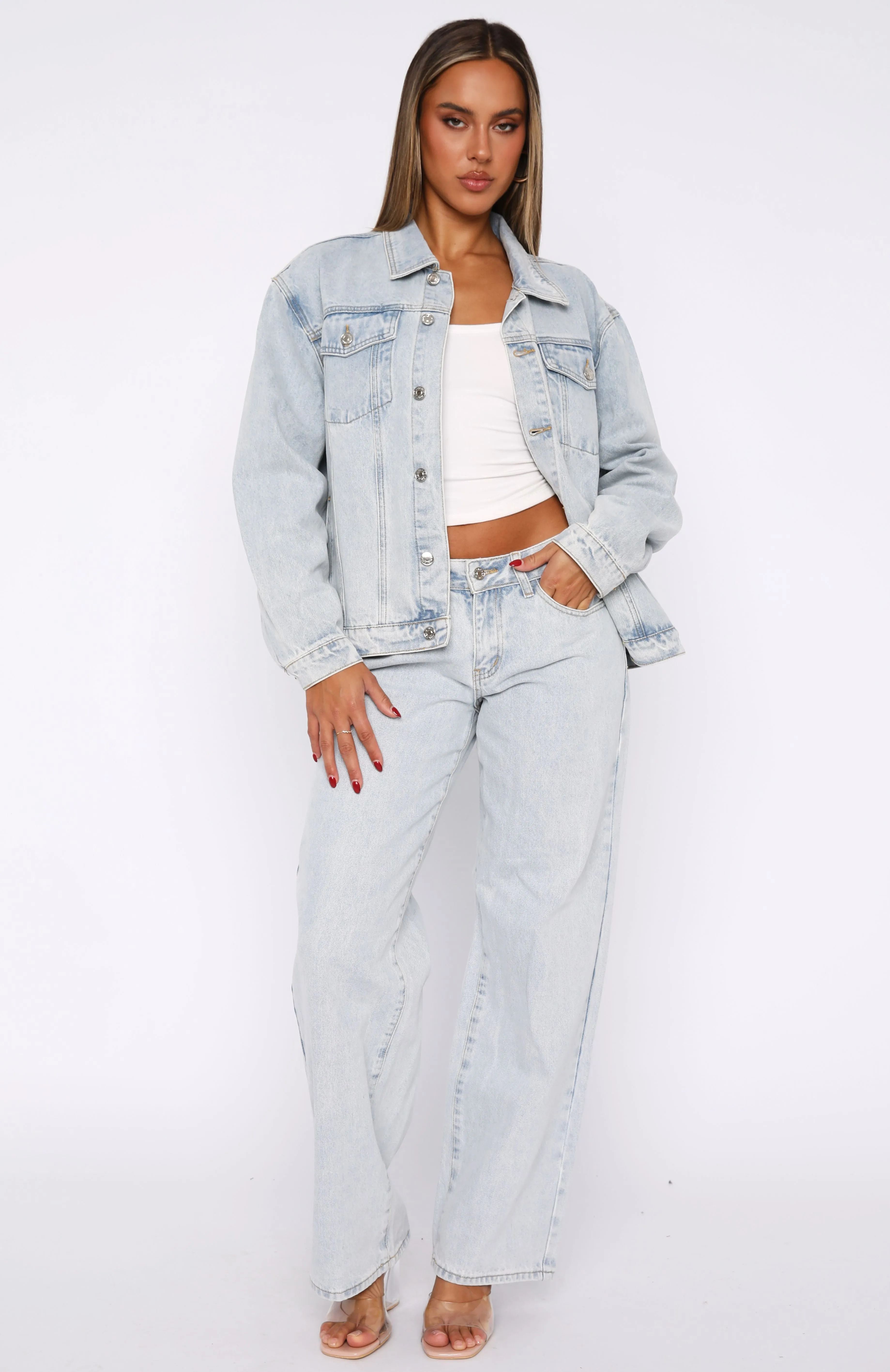 Embroidery Decoration Bring The Style Low Rise Wide Leg Jeans Glacier Blue