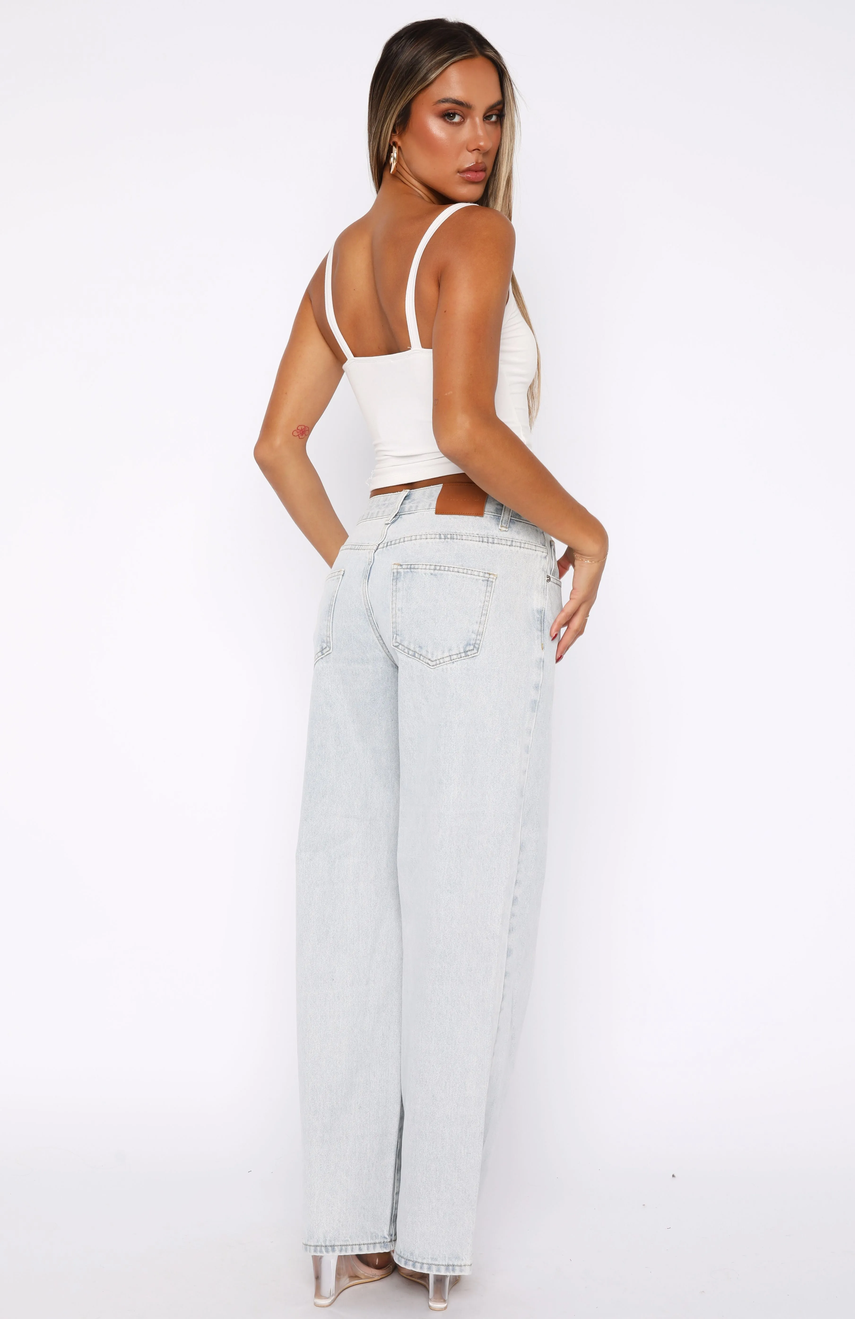 Embroidery Decoration Bring The Style Low Rise Wide Leg Jeans Glacier Blue