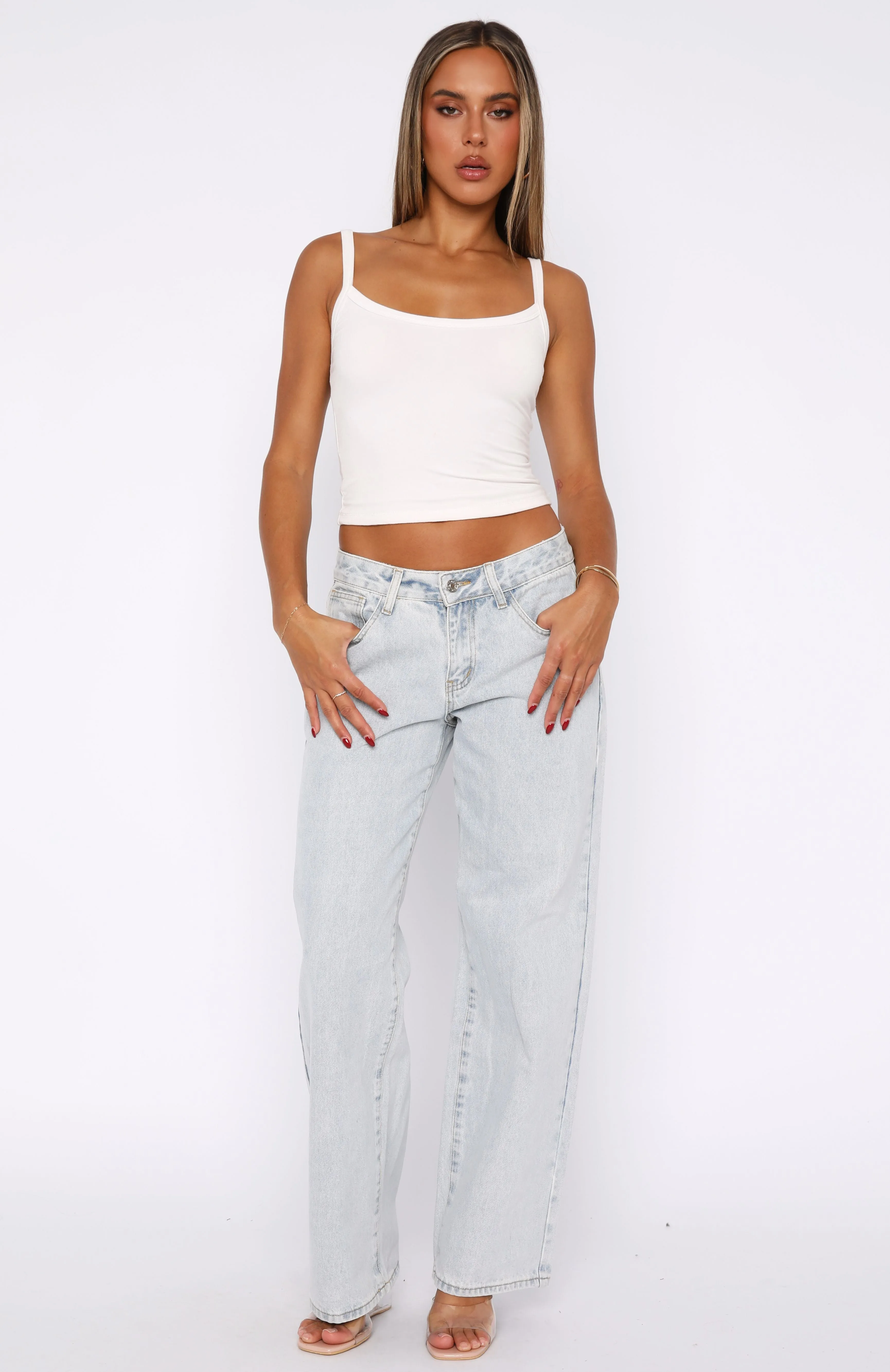 Embroidery Decoration Bring The Style Low Rise Wide Leg Jeans Glacier Blue