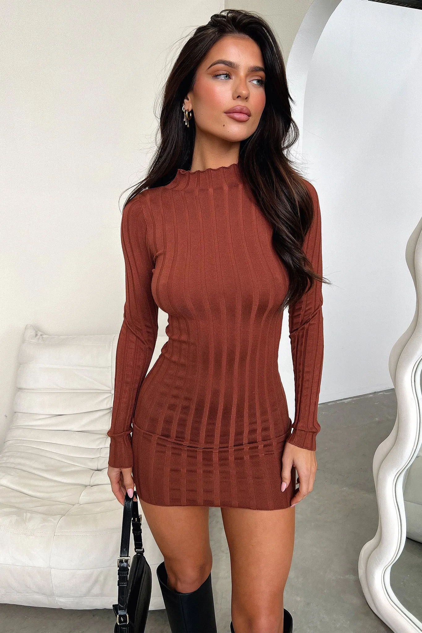 Emily Long Sleeve Turtle Neck Dress - Brown Glow Chic