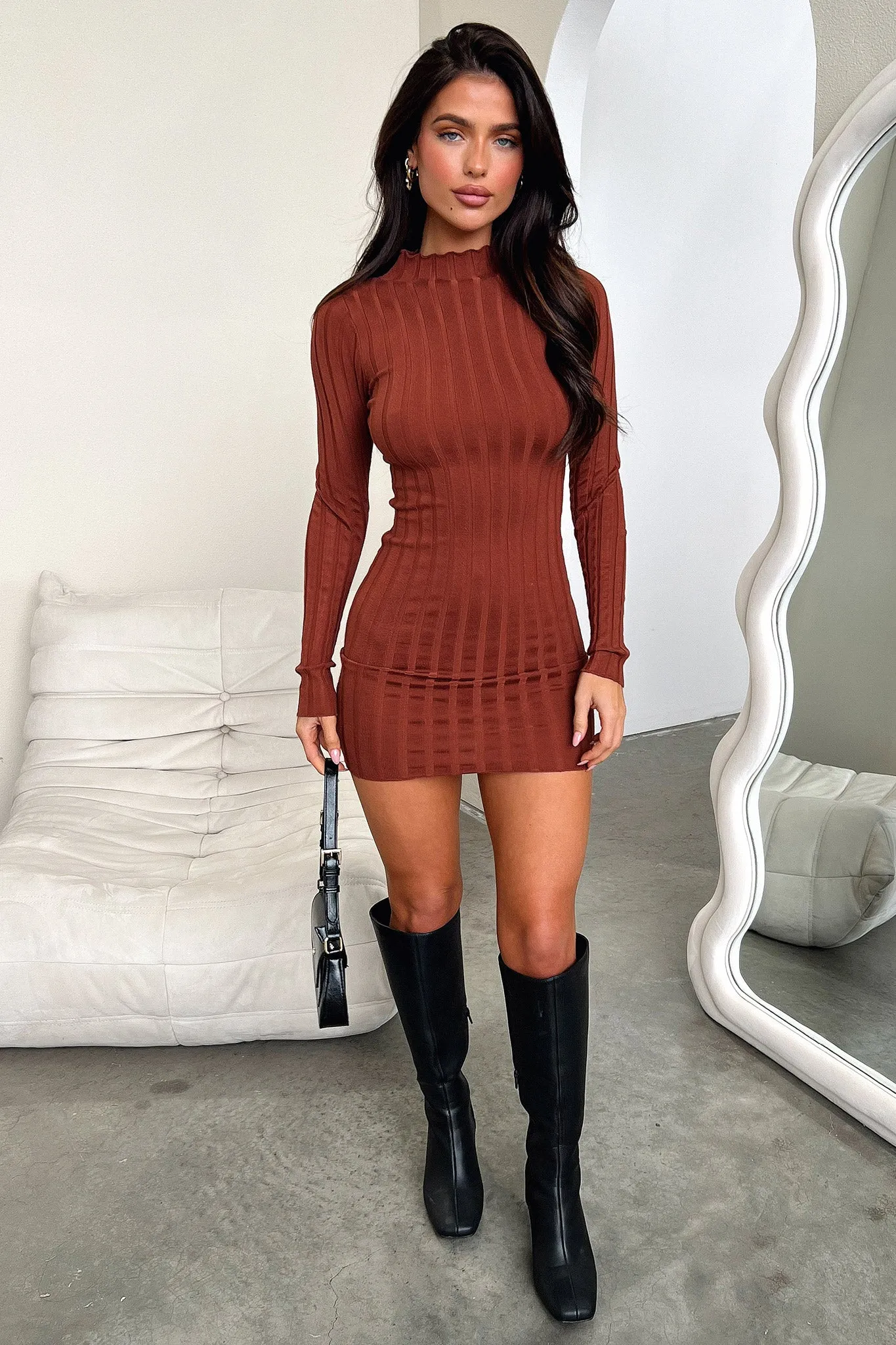 Emily Long Sleeve Turtle Neck Dress - Brown Glow Chic